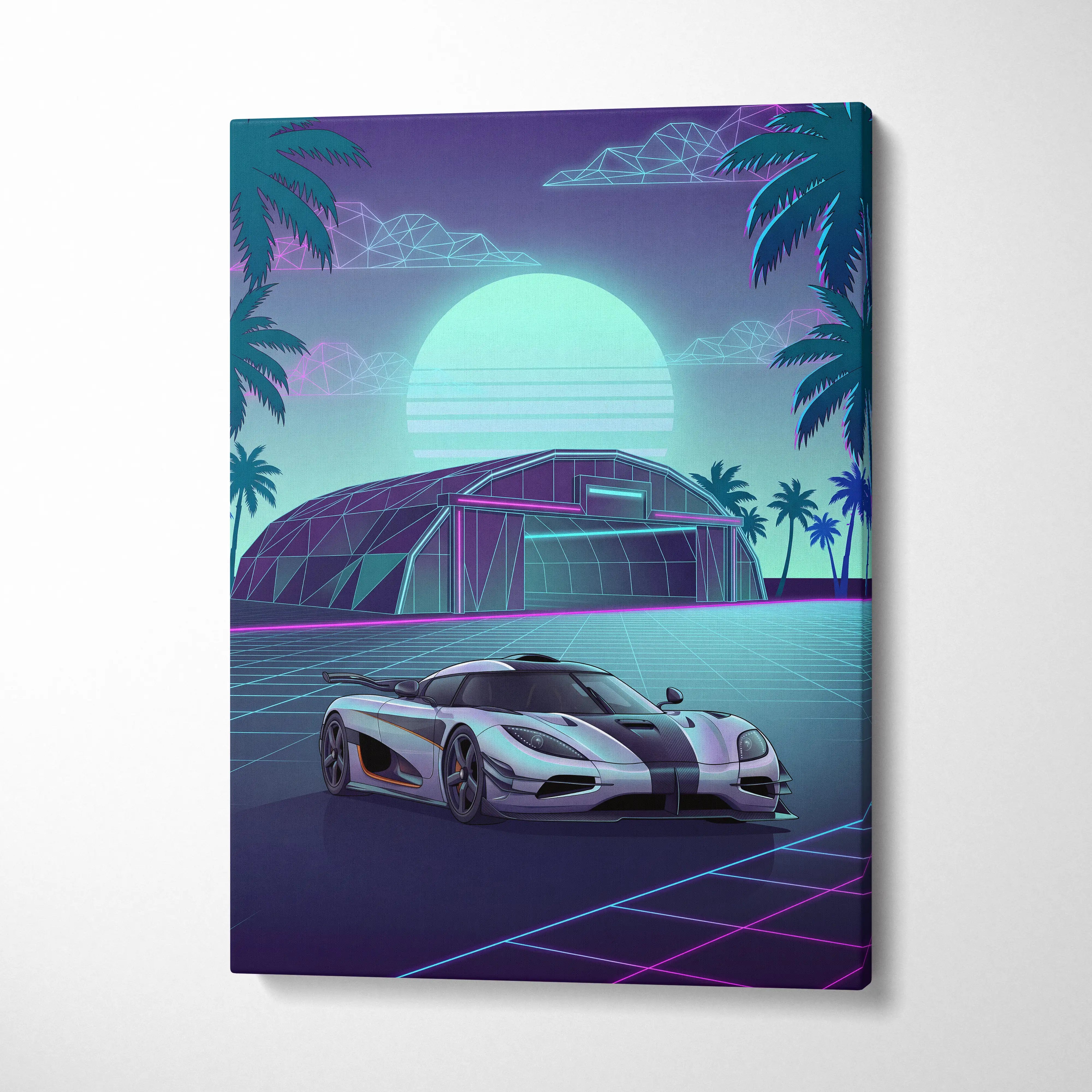 Koenigsegg One:1 Inspired Silver Teal Canvas Wall Art Vaporwave Hypercar Artwork Neon Palm Garage Decor Retro Futuristic Sunset Print