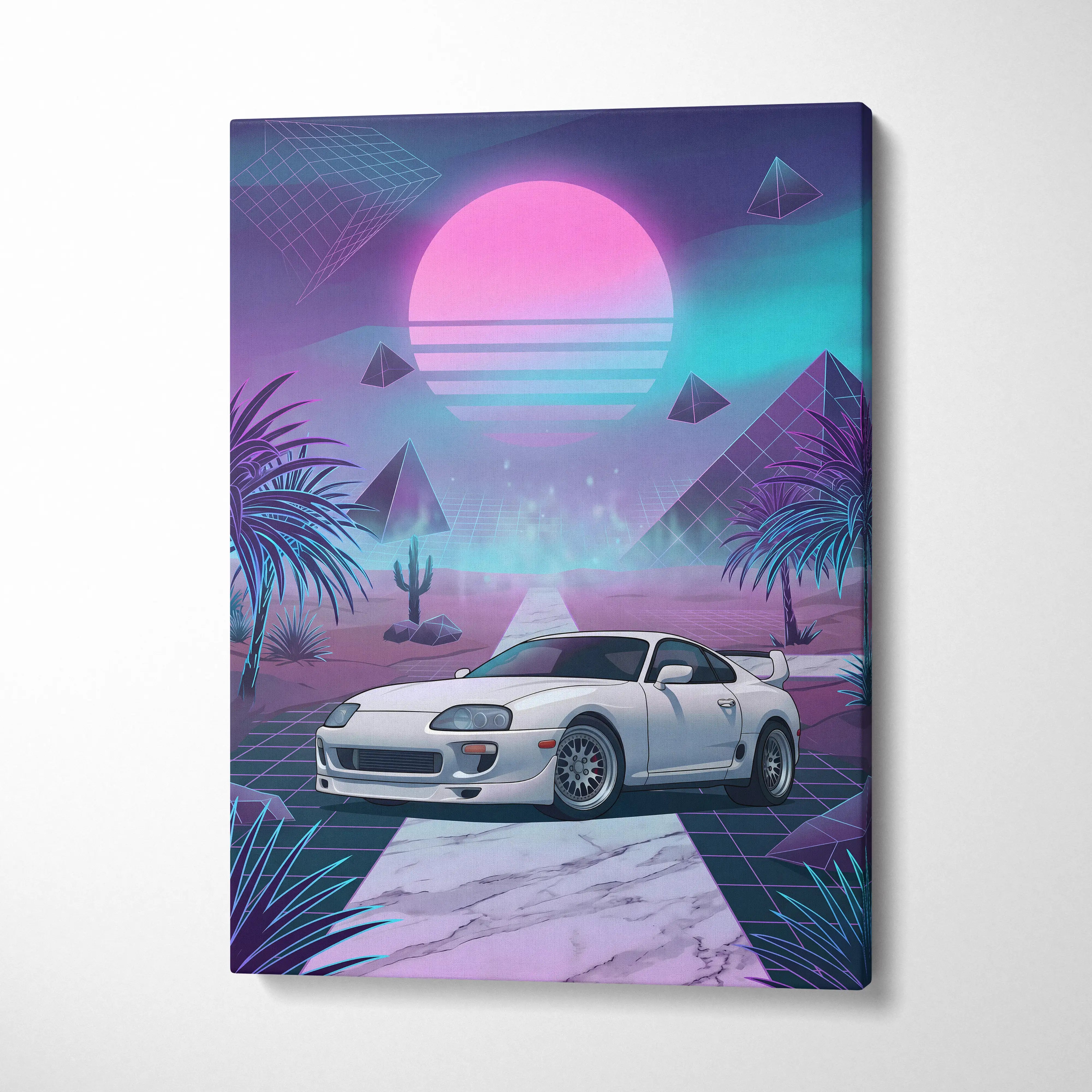 Toyota Supra MK4 Inspired White Purple Canvas Wall Art Vaporwave JDM Sports Car Artwork Neon Desert Garage Decor Retro Futuristic Sunset Print