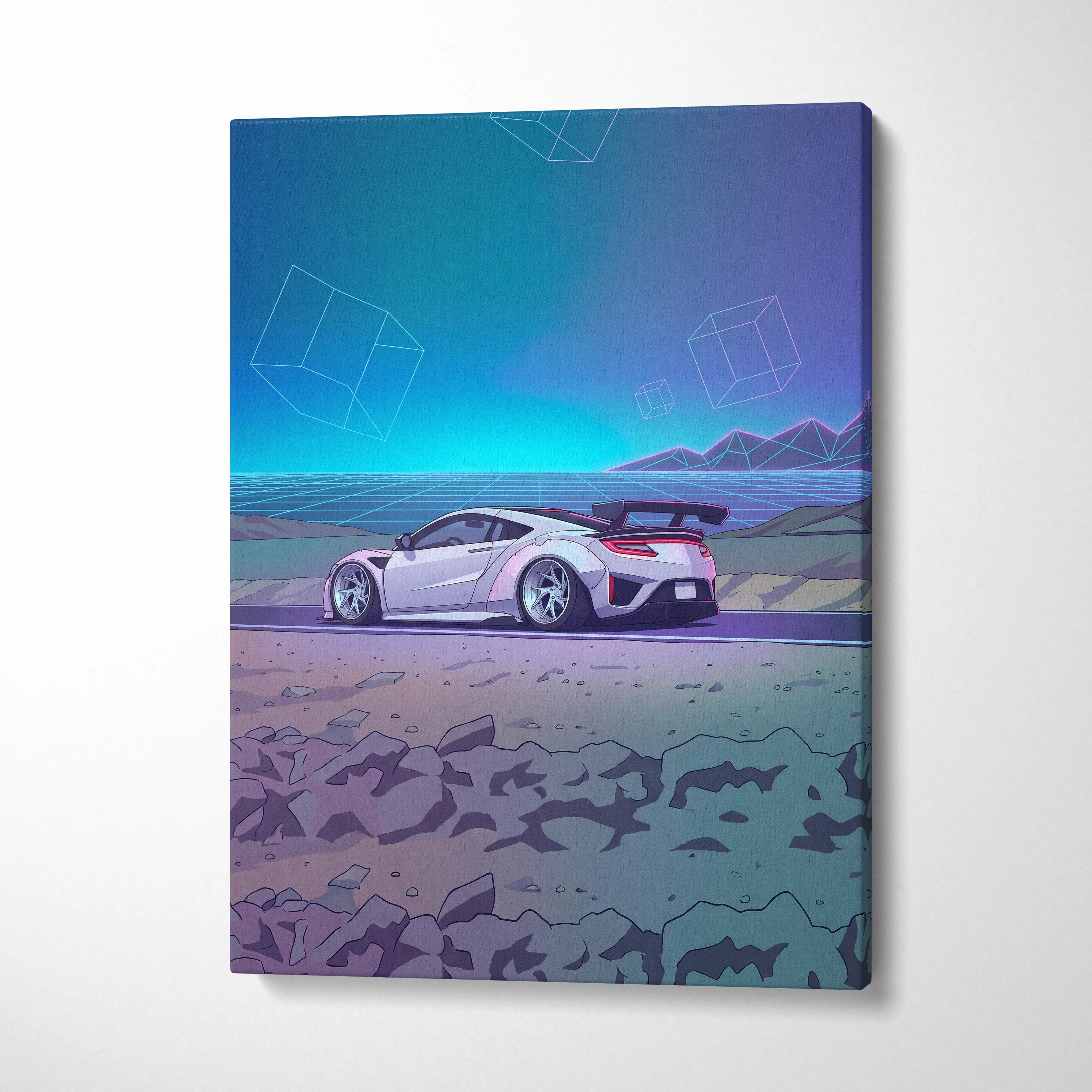 Acura NSX Inspired White Teal Canvas Wall Art Vaporwave Supercar Artwork Neon Desert Road Garage Decor Retro Futuristic Horizon Print