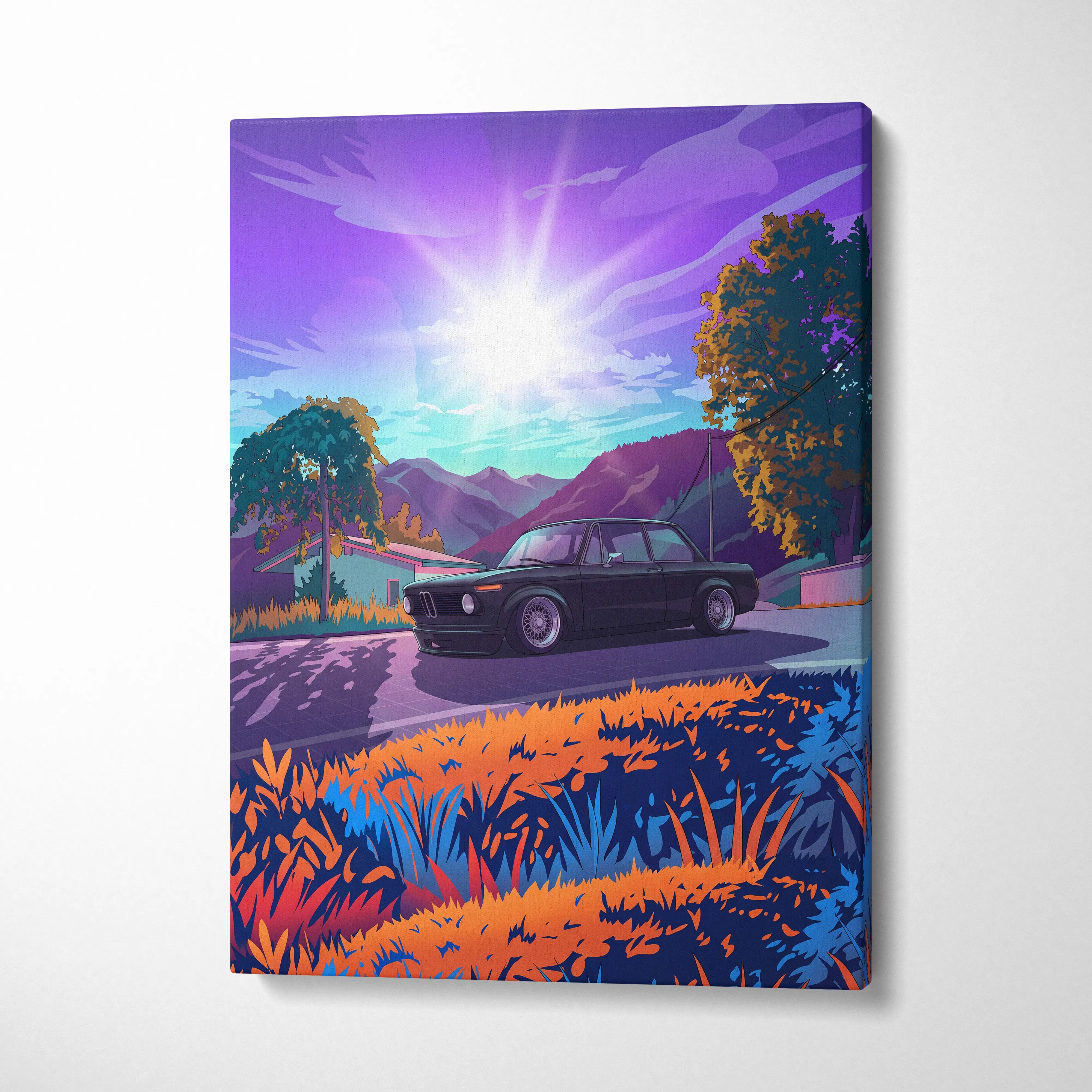 BMW 2002 Inspired Black Orange Canvas Wall Art Vaporwave Classic Sports Sedan Artwork Mountain Road Garage Decor Retro Futuristic Sunset Print
