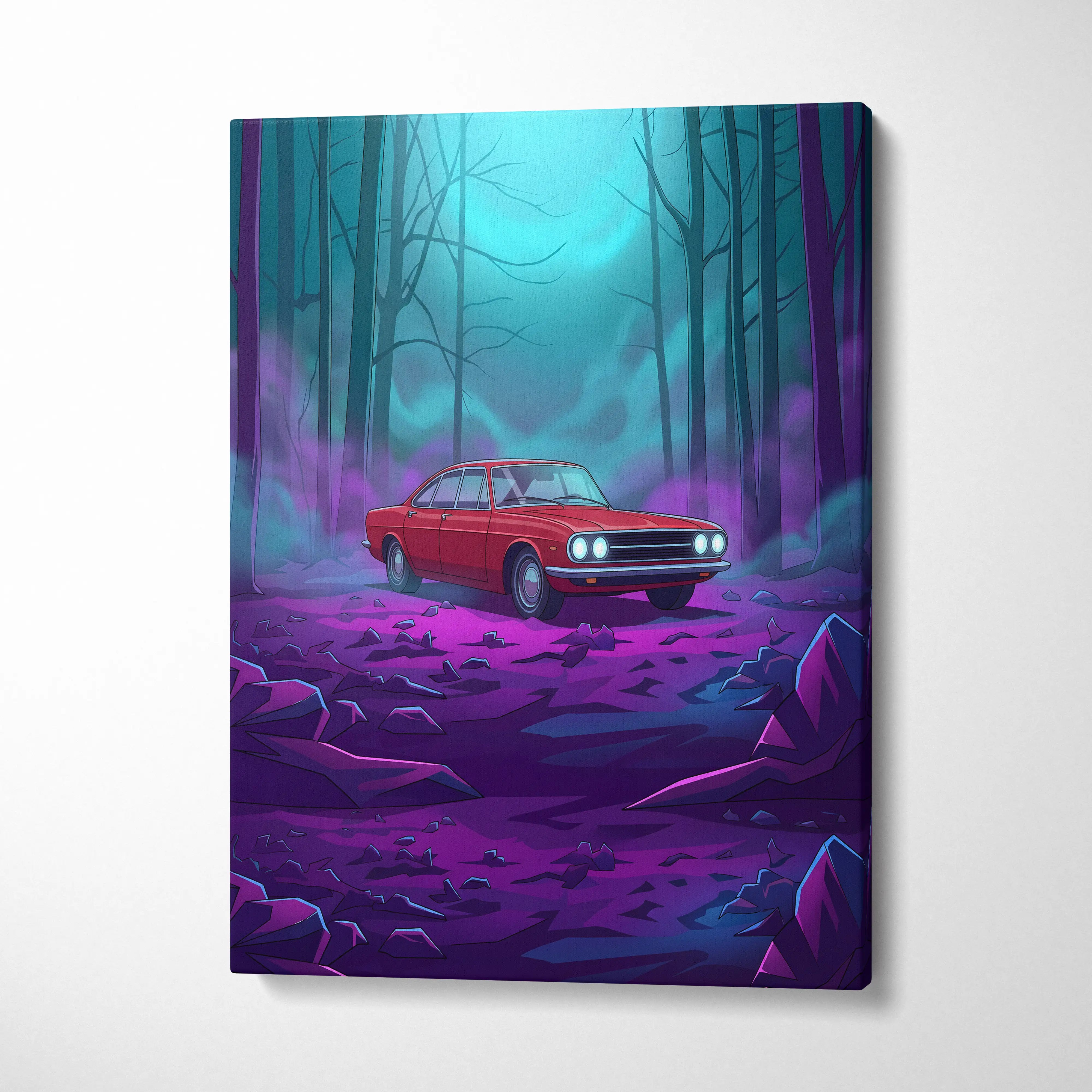 Red vintage sedan canvas wall art featuring neon-lit forest scene for retro futuristic vaporwave garage decor