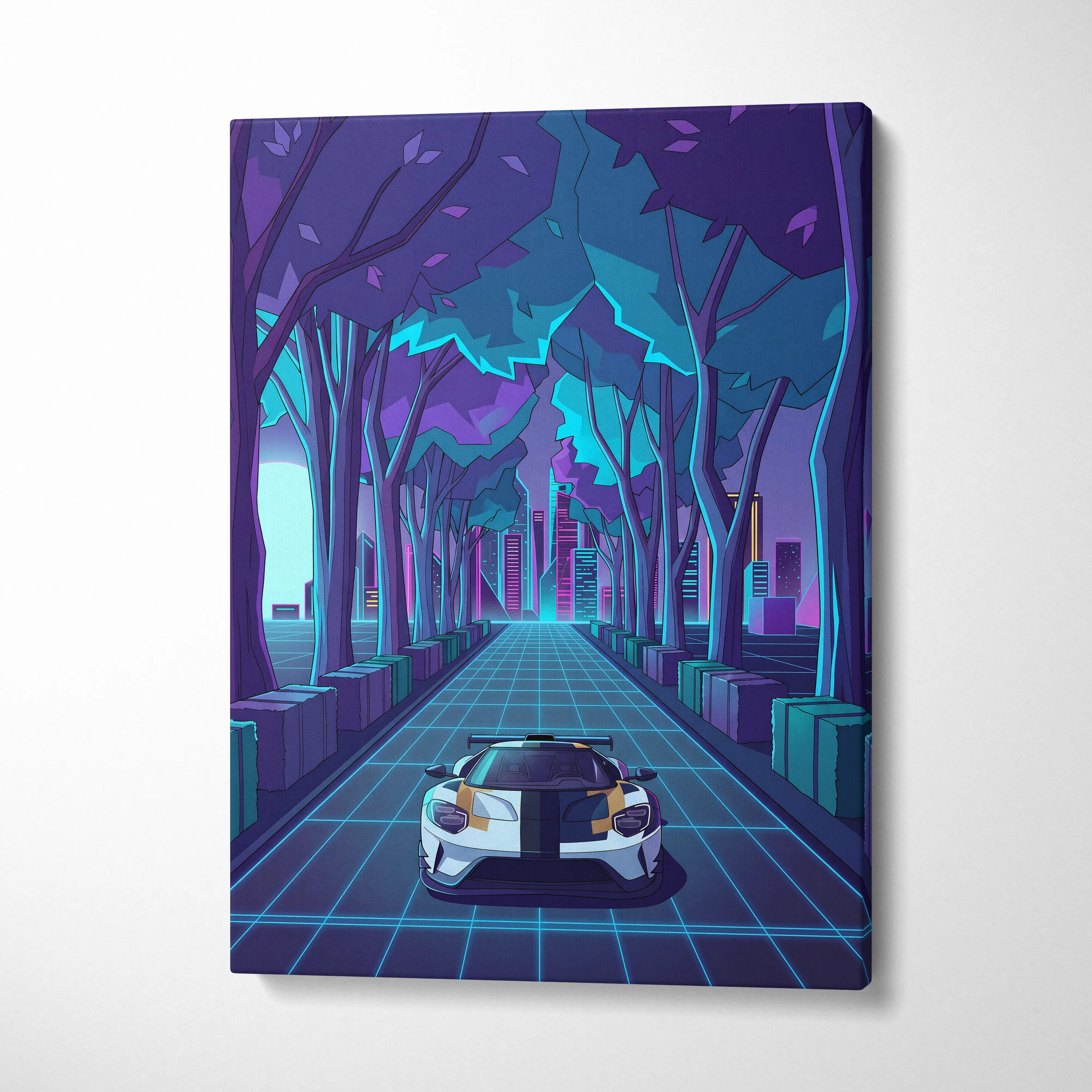 Nebula-themed canvas print featuring a white and black ford gt inspired sports car with gold accents on a neon blue grid road