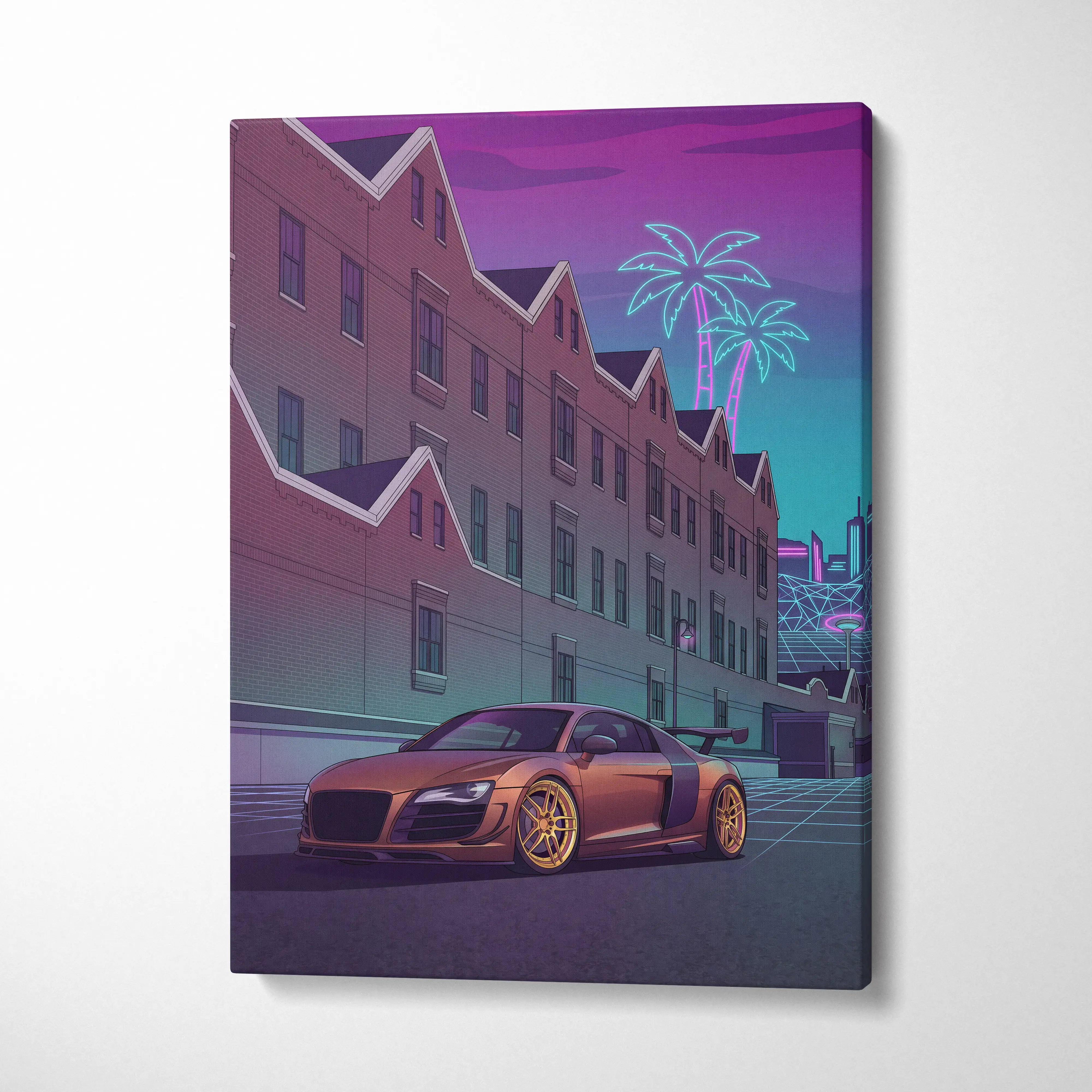 Audi R8 Inspired Vaporwave Neon Car Canvas - Vaporwave Car Canvas Pink Teal Living Room Retro Nostalgic Mood Synthwave Wall Art Canvas