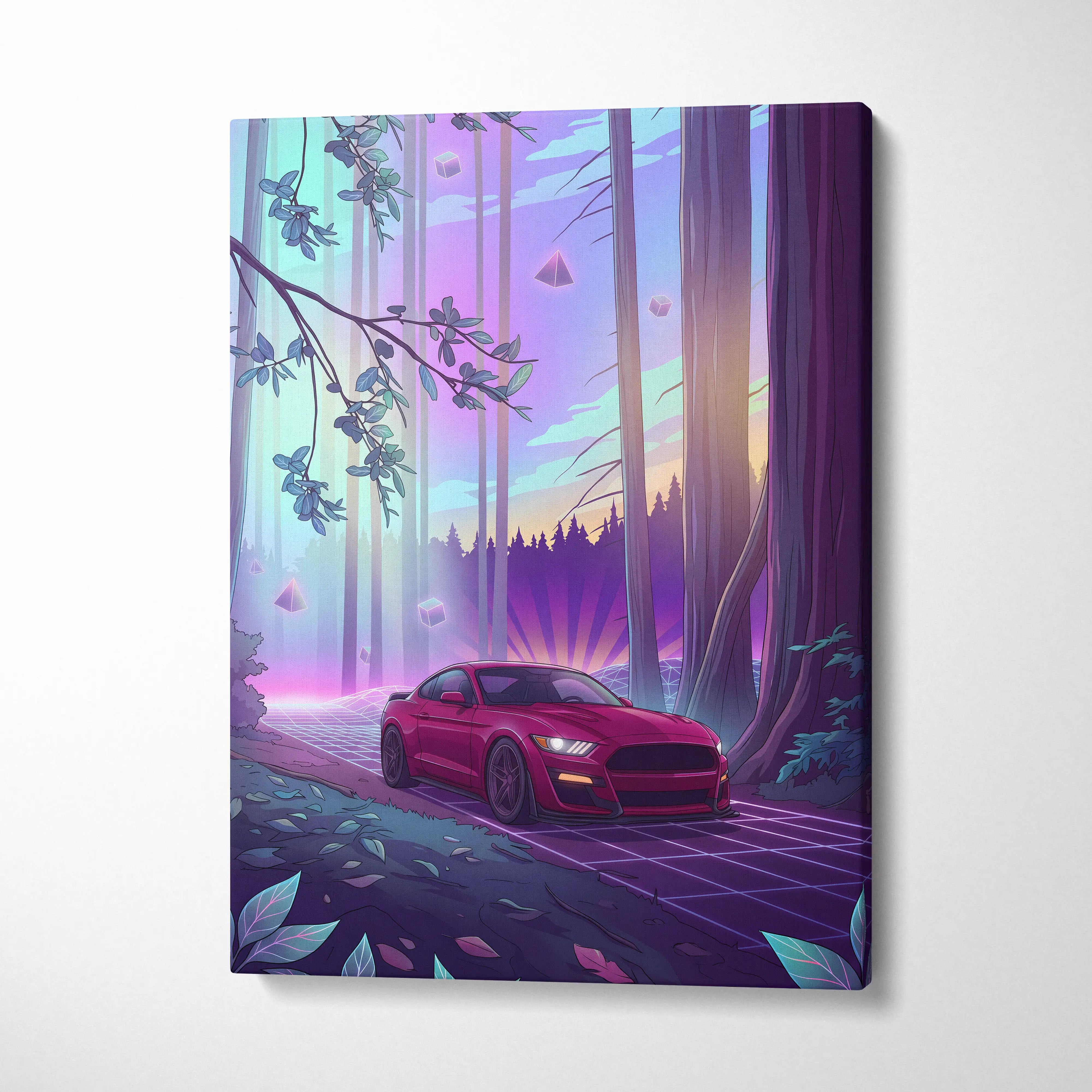 Ford Mustang Shelby GT500 Inspired Red Purple Canvas Wall Art Vaporwave Muscle Car Artwork Neon Forest Garage Decor Retro Futuristic Sunset Print