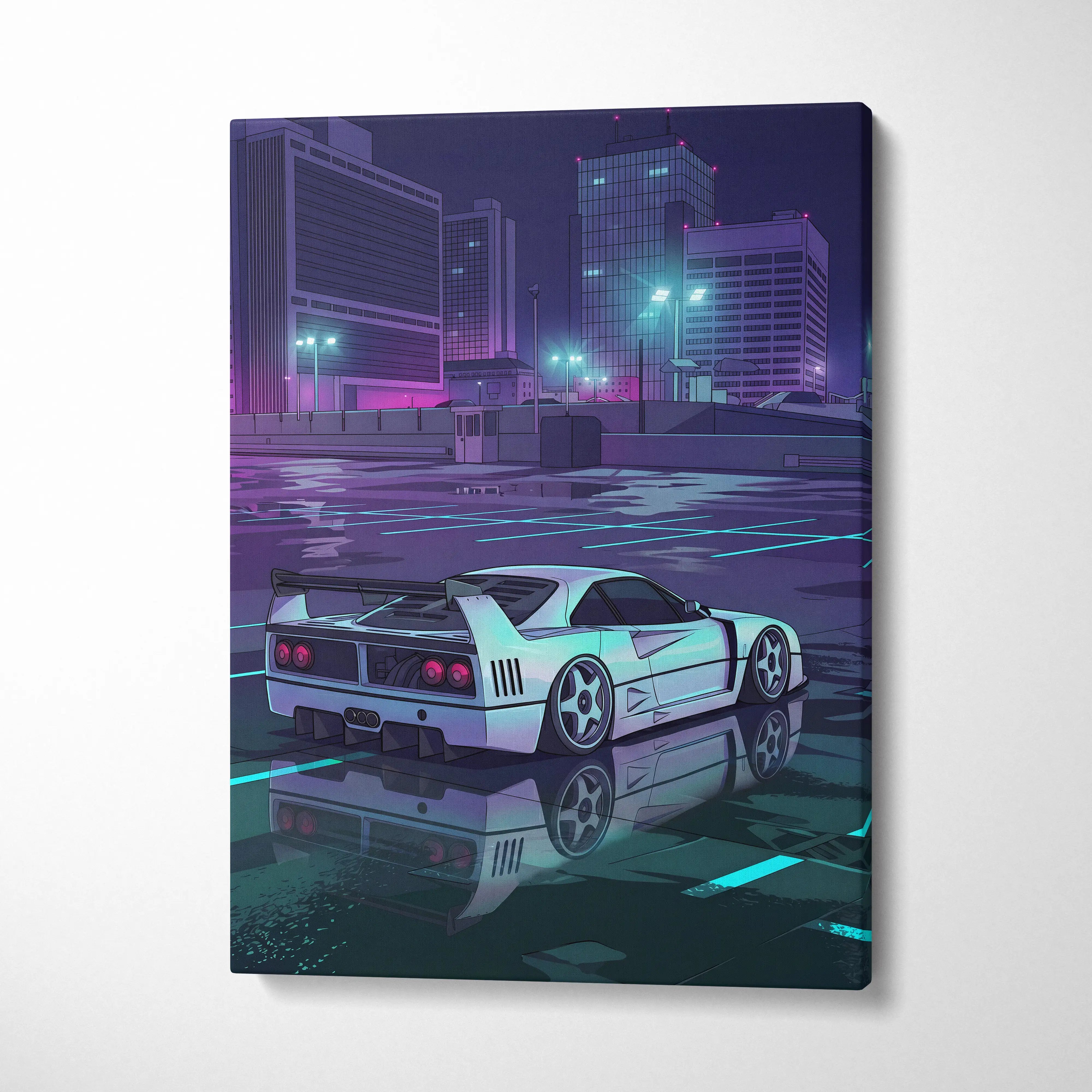Ferrari F40 Inspired White Purple Canvas Wall Art, Vaporwave Supercar Artwork, Neon City Garage Decor, Retro Futuristic Exotic Print