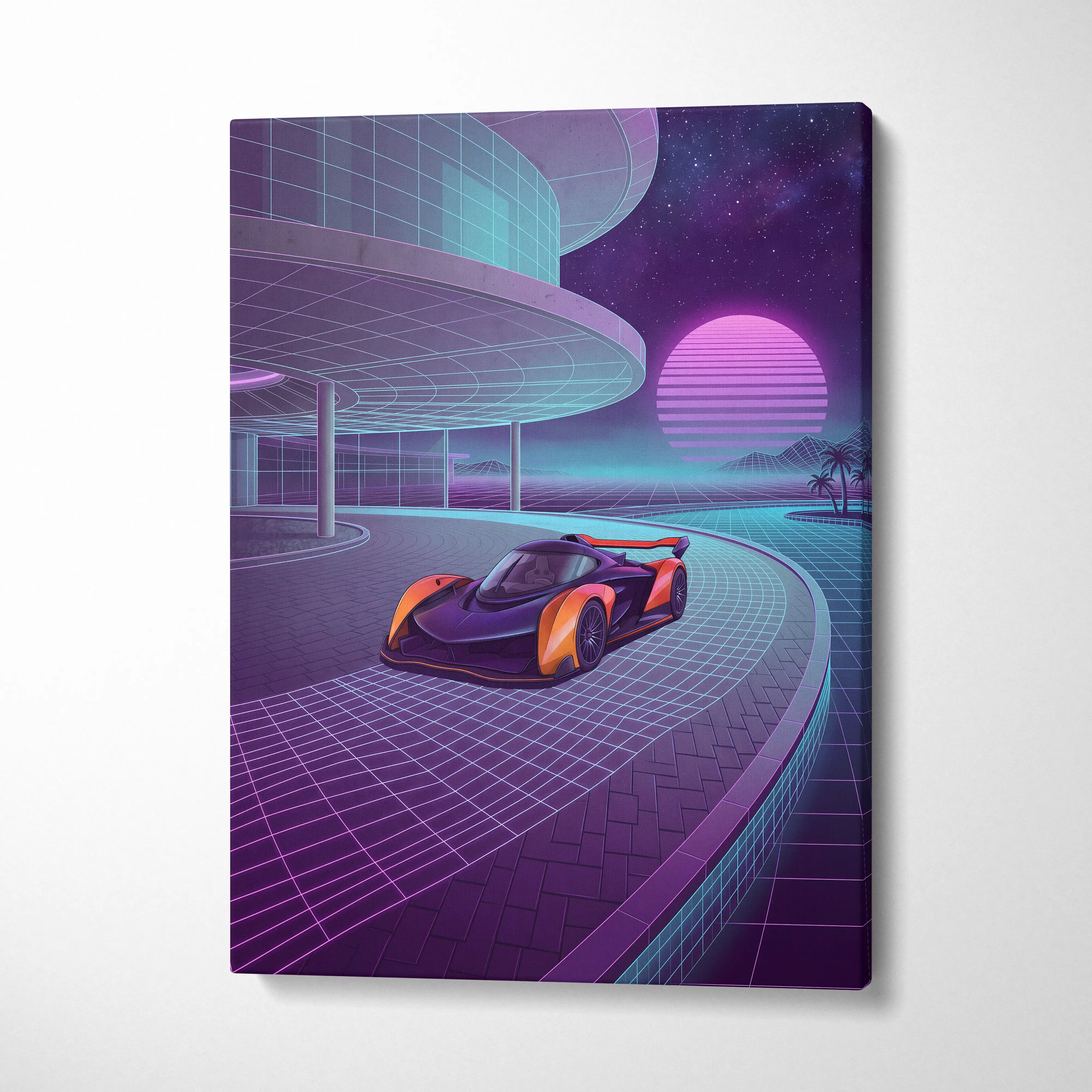 McLaren Solus GT Inspired Orange Purple Canvas Wall Art, Neon Vaporwave Hypercar Artwork for Futuristic Garage Decor