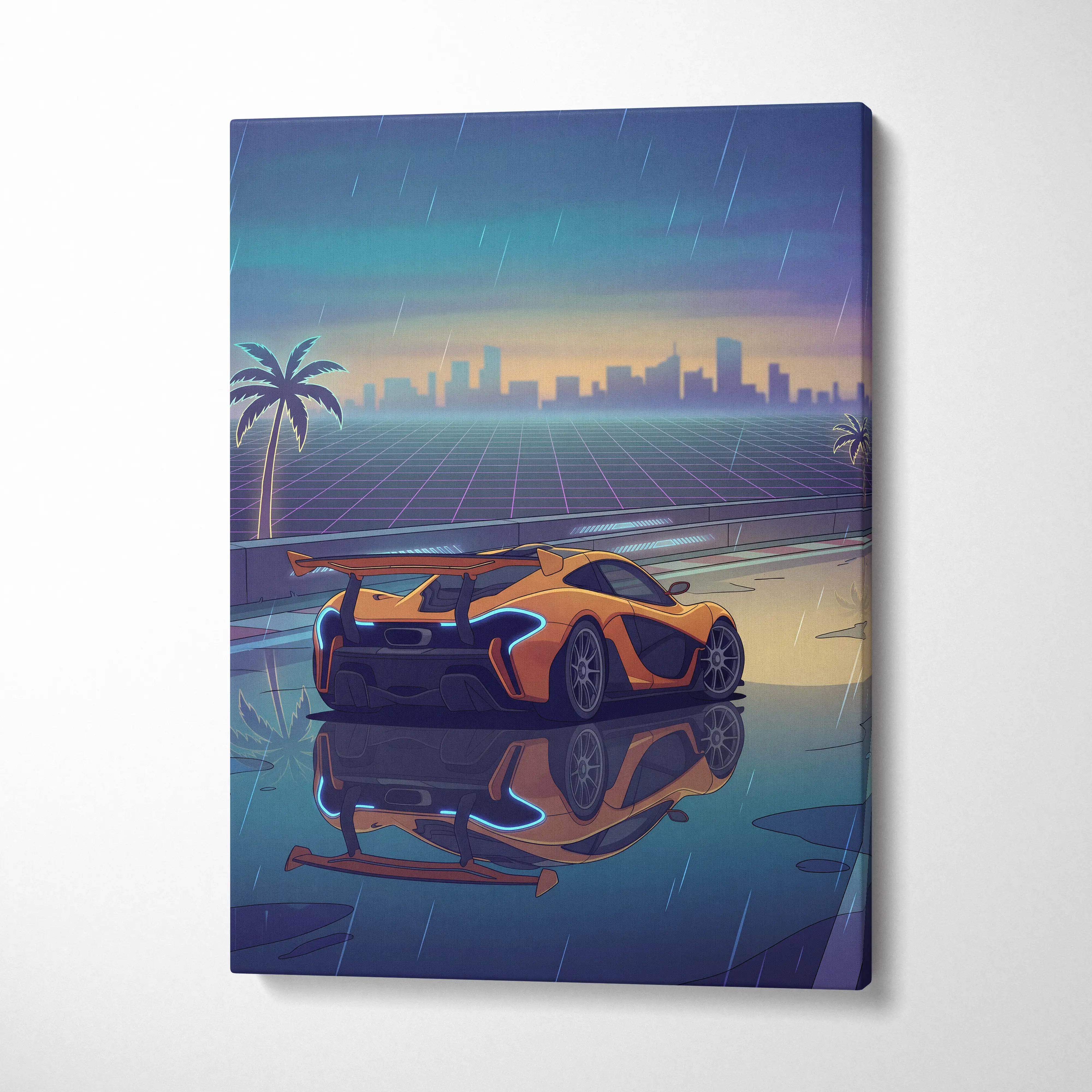McLaren P1 GTR Inspired Orange Blue Canvas Wall Art, Vaporwave Hypercar Artwork, Neon Rain City Decor, Retro Futuristic Motorsport Print