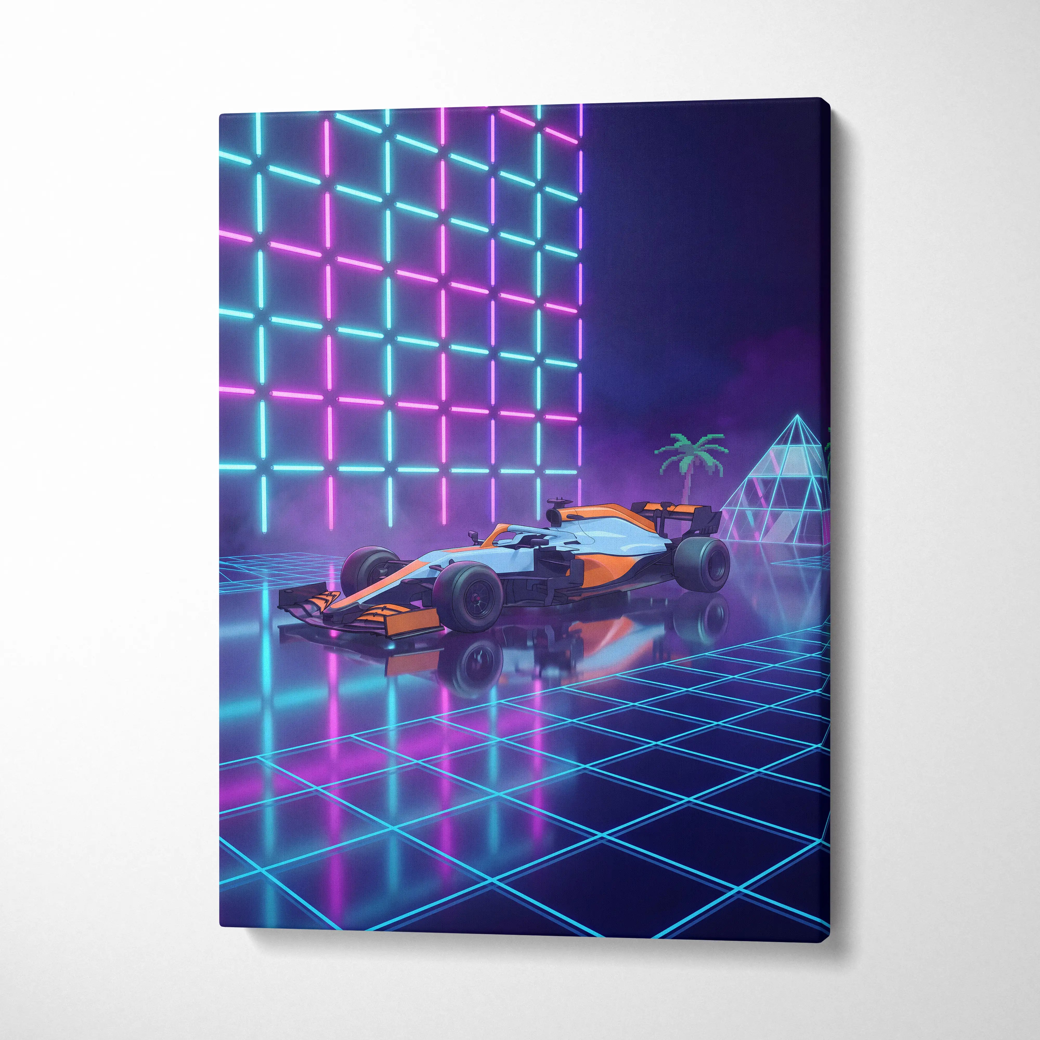 Neon-lit formula 1 race car canvas print with orange and white livery against glowing grid for retro wall decor