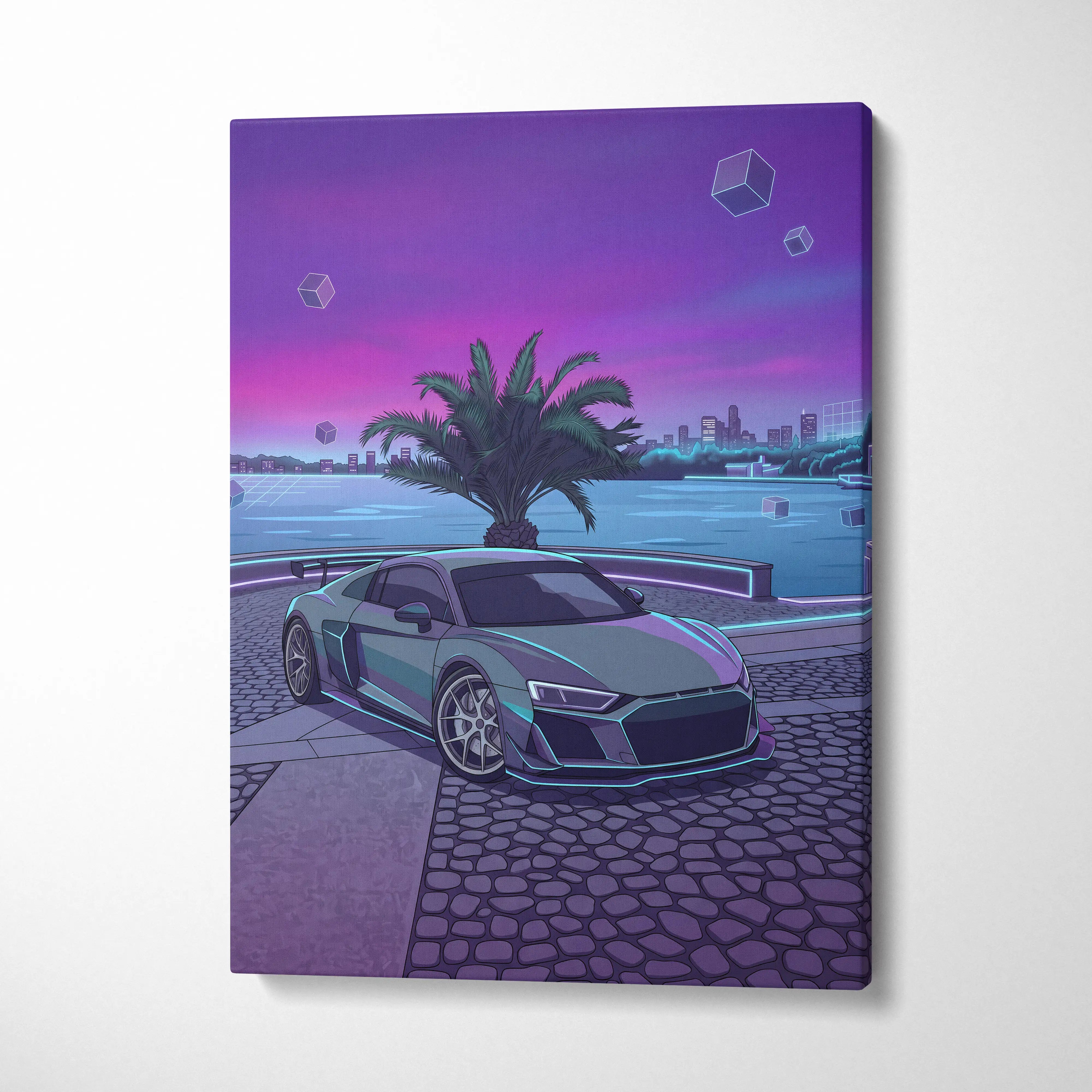 Audi R8 Inspired Gray Purple Canvas Wall Art, Vaporwave Supercar Artwork, Neon Palm City Decor, Retro Futuristic Exotic Print