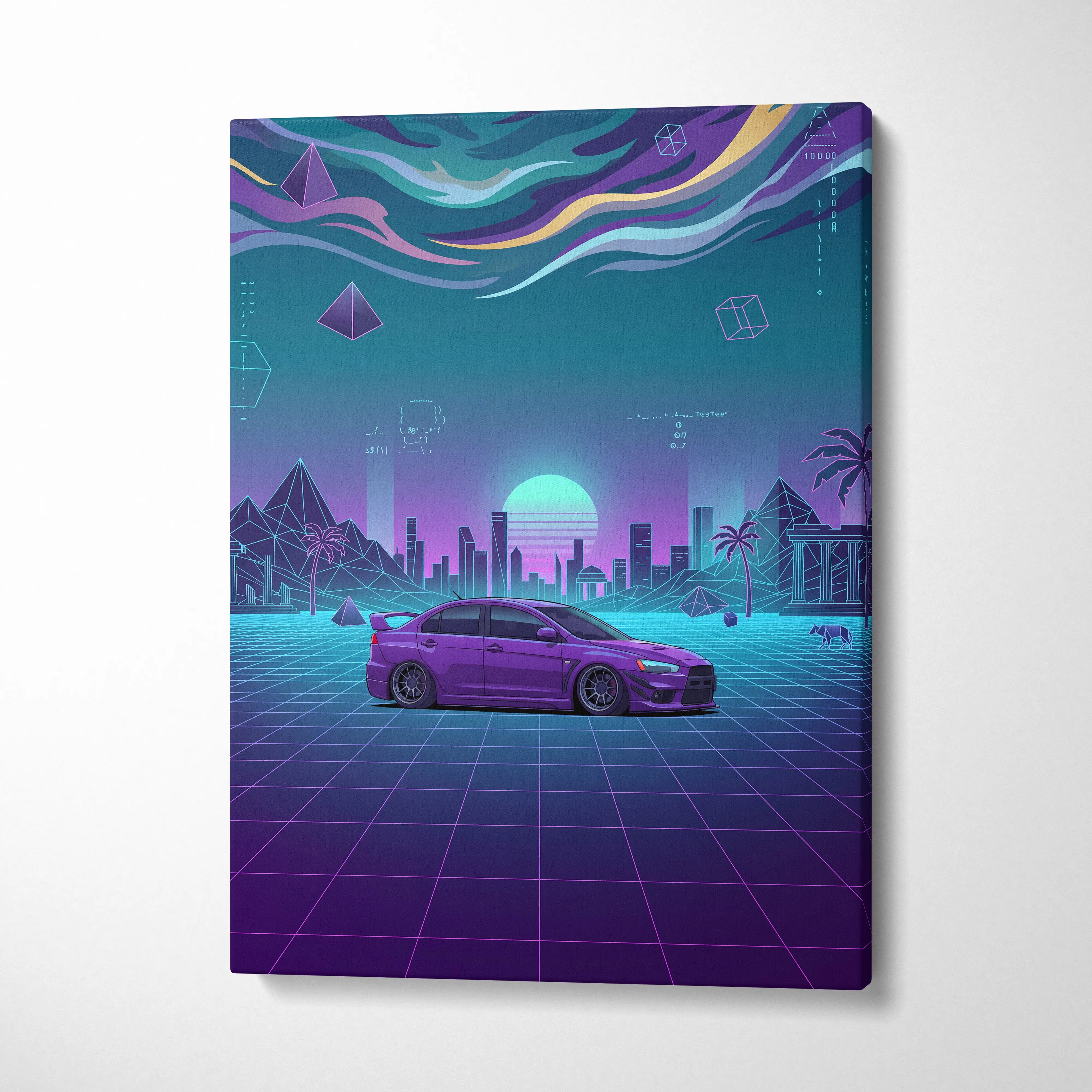 Mitsubishi Lancer Evolution X Inspired Purple Teal Canvas Wall Art, Neon Vaporwave JDM Sedan Artwork for Garage Decor