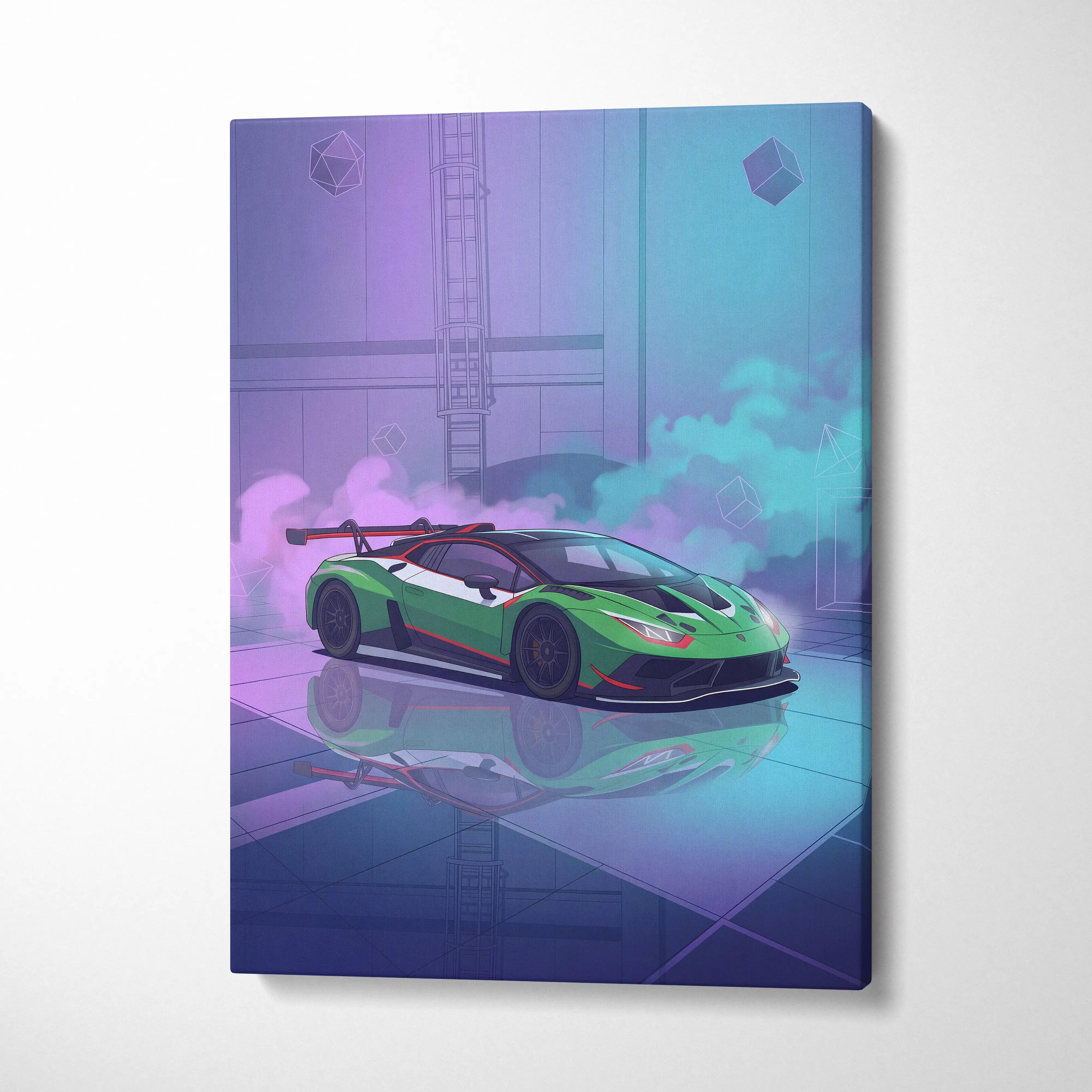 Lamborghini Huracan GT3 Inspired Green Purple Canvas Wall Art, Neon Vaporwave Supercar Artwork for Modern Garage Decor