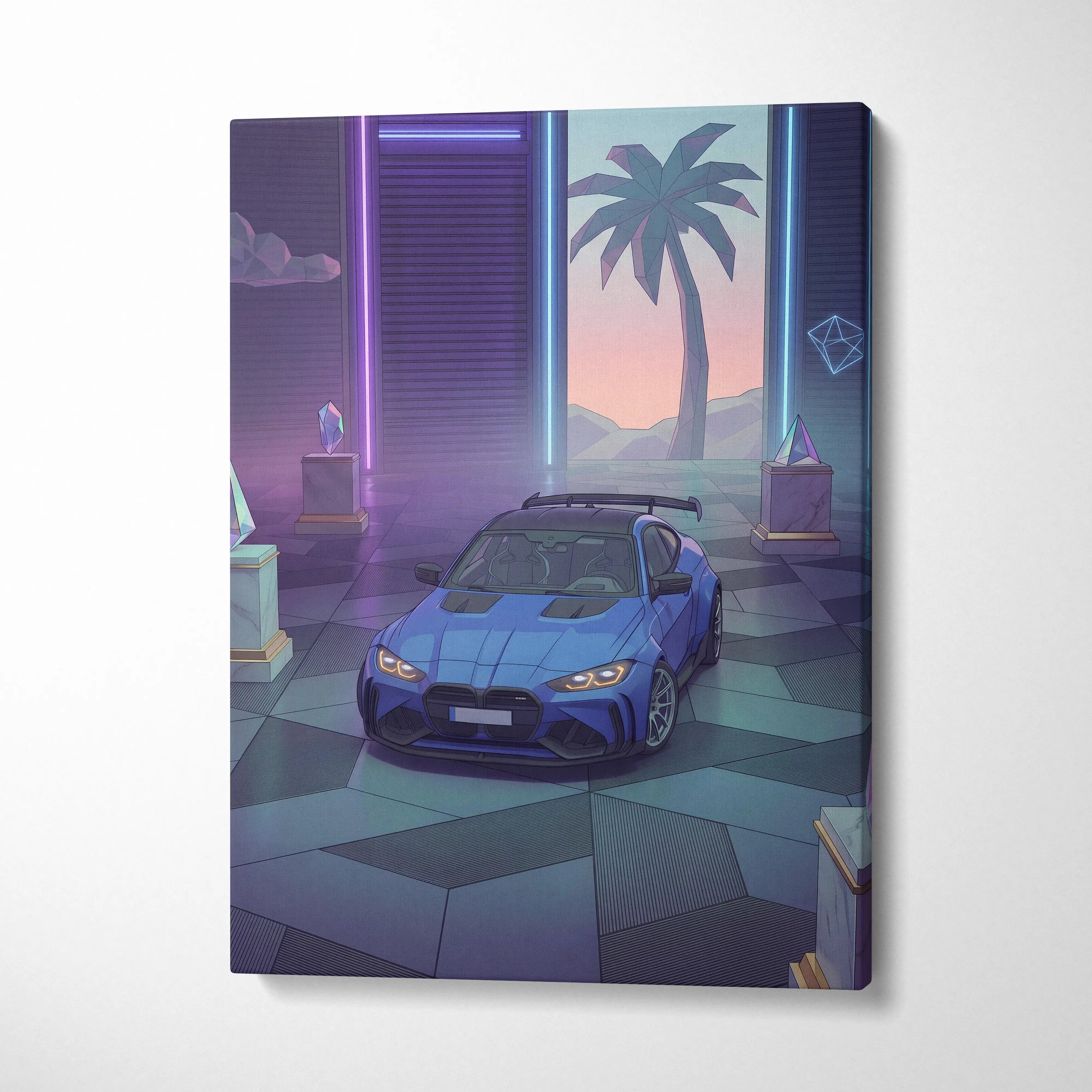 BMW M4 Inspired Blue Purple Canvas Wall Art Vaporwave Sports Car Artwork Neon Palm Garage Decor Retro Futuristic City Print