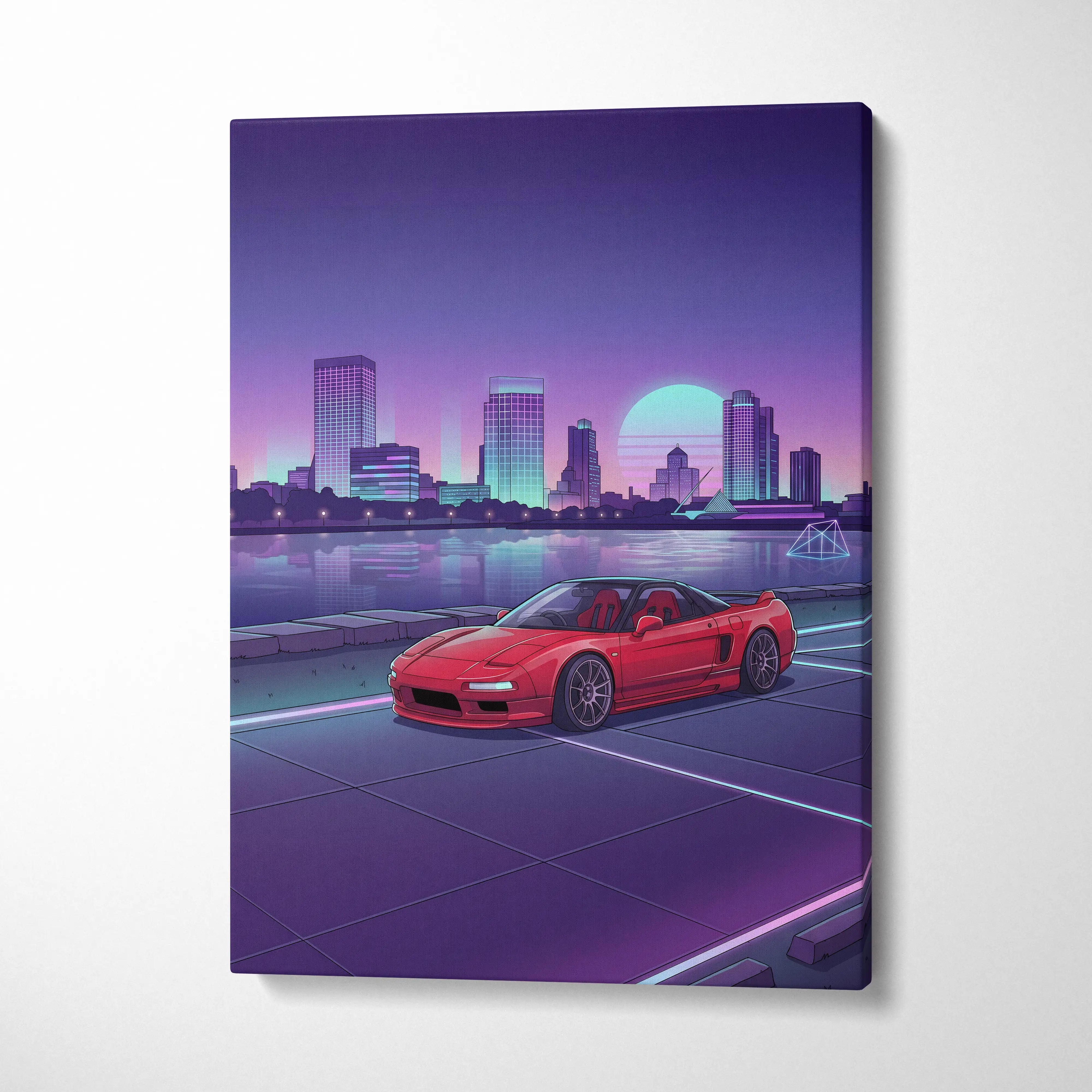 Acura NSX Inspired Red Purple Canvas Wall Art Vaporwave JDM Supercar Artwork Neon City Skyline Garage Decor Retro Futuristic Waterfront Print