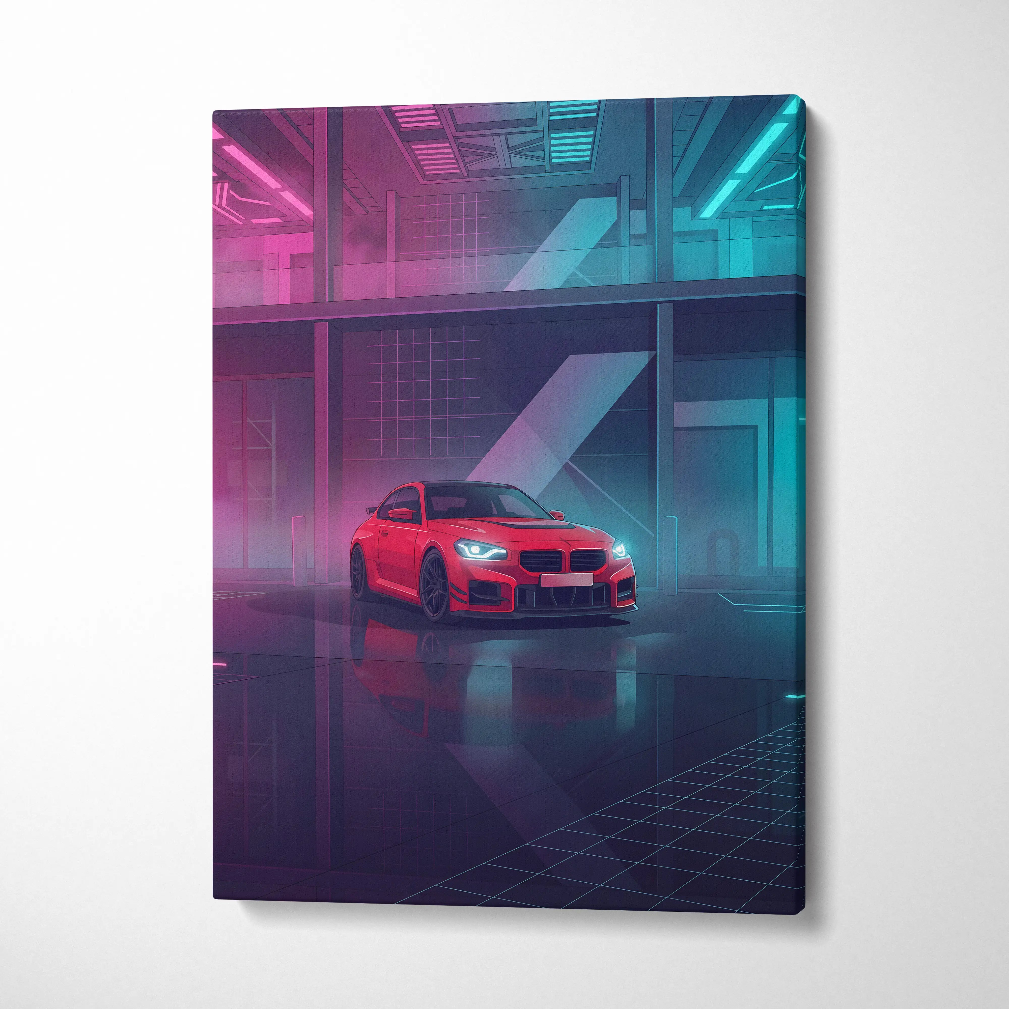 BMW M2 Inspired Neon Horizon Vaporwave Canvas - Car Art Pink Teal Living Room Vaporwave Nostalgic Neon Canvas Print