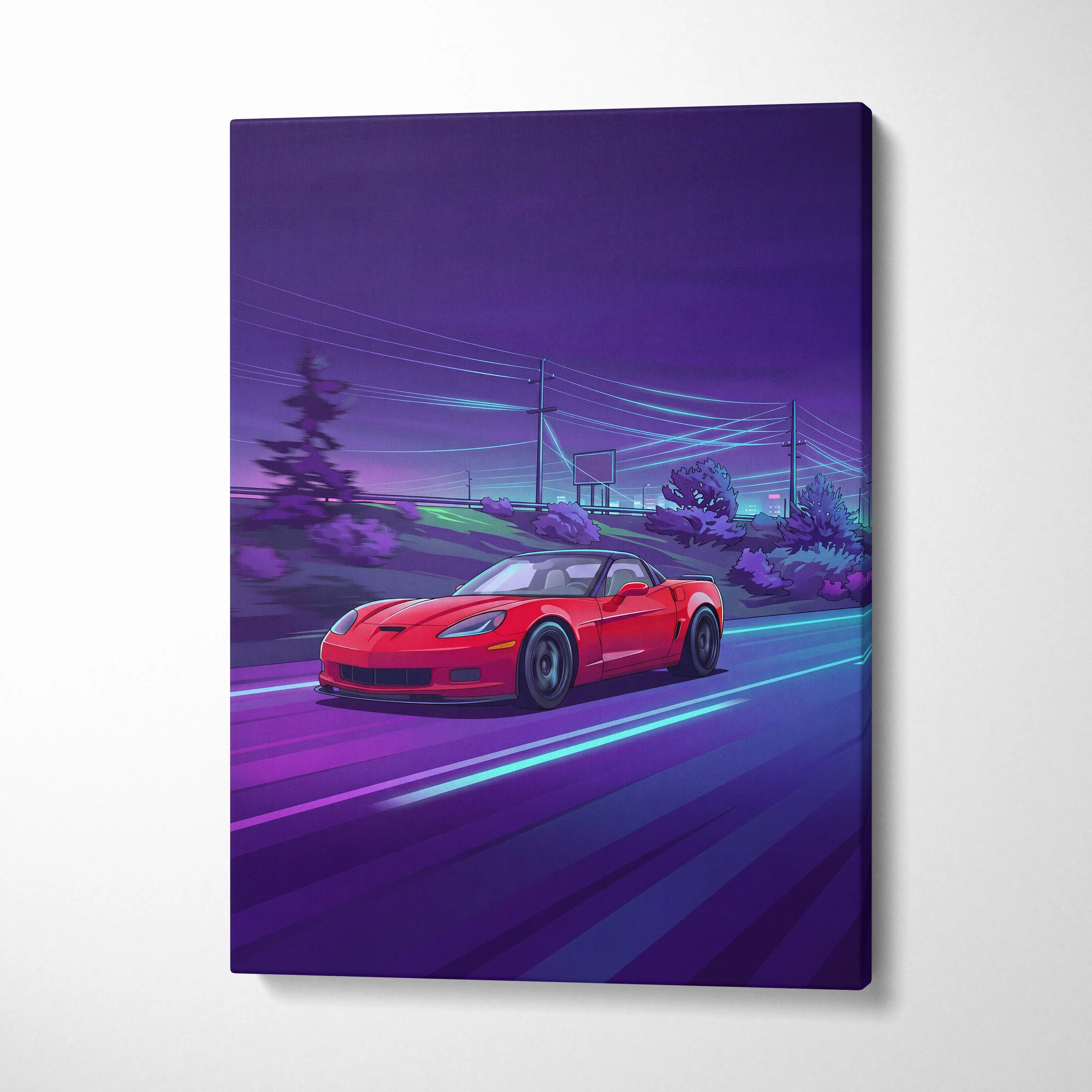 Chevrolet C6 Corvette Inspired, Neon Vaporwave Car Scene - Car Artwork Vaporwave Neon Purple Room Nostalgic Mood Canvas
