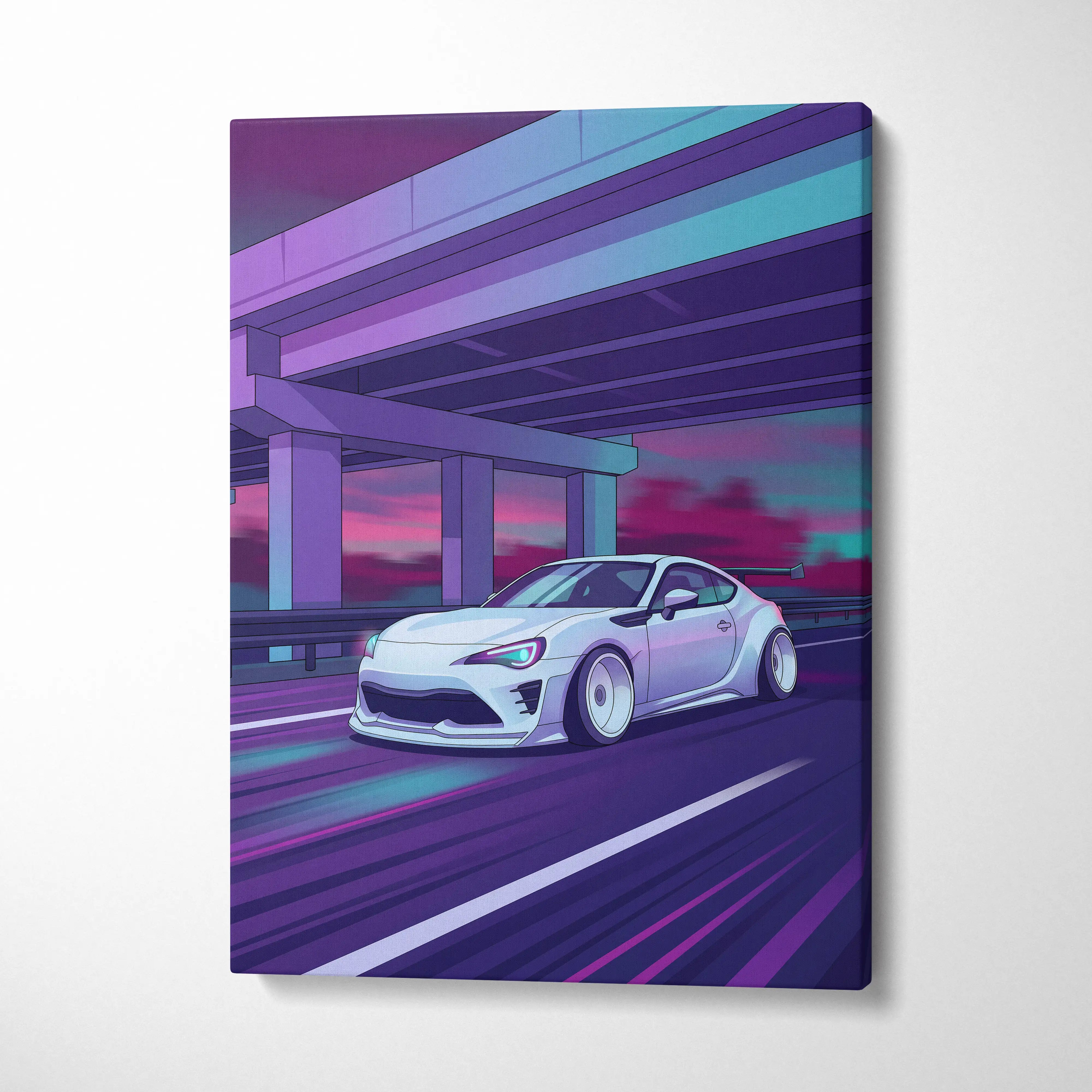 Subaru BRZ Inspired Neon Vaporwave Canvas Art - Car Neon Purple Teal Living Room Vaporwave Mood Nostalgic Wall Art