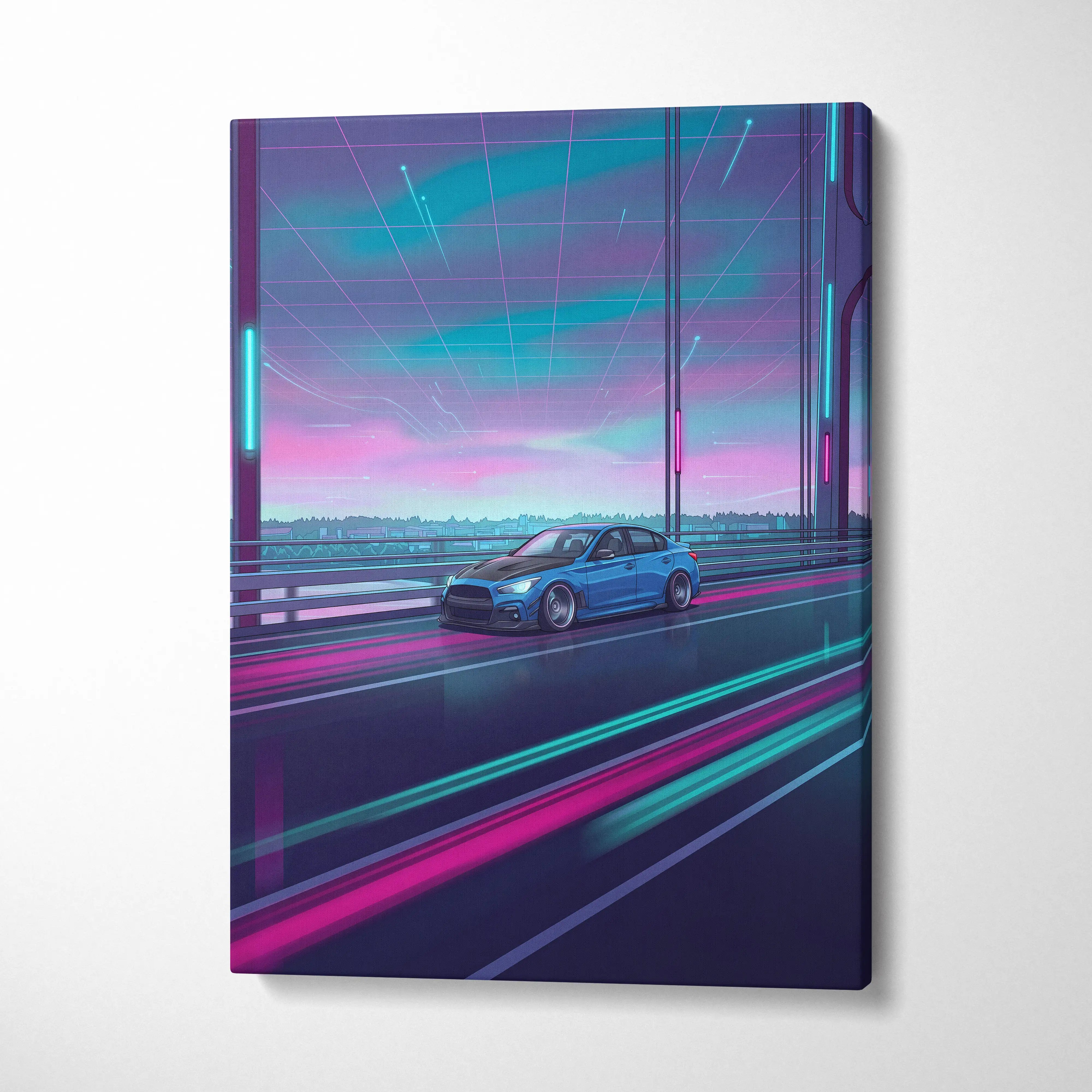 Infiniti Q50 Inspired Neon Vaporwave Canvas Art - Vaporwave Car Art Neon Pink Blue Living Room Decor Retro Neon
