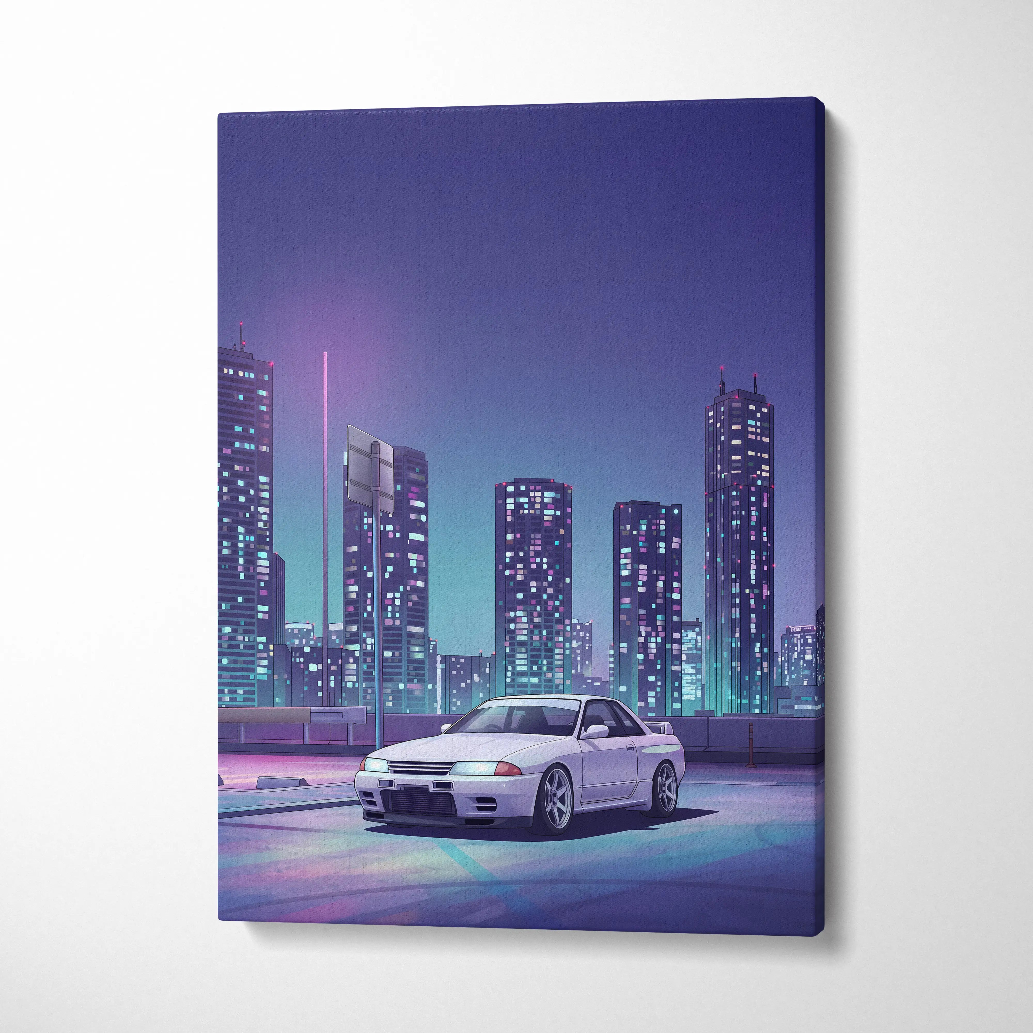 Nissan Skyline GT-R R32 Inspired White Purple Canvas Wall Art Vaporwave Night City JDM Car Artwork, Neon Skyline Garage Decor
