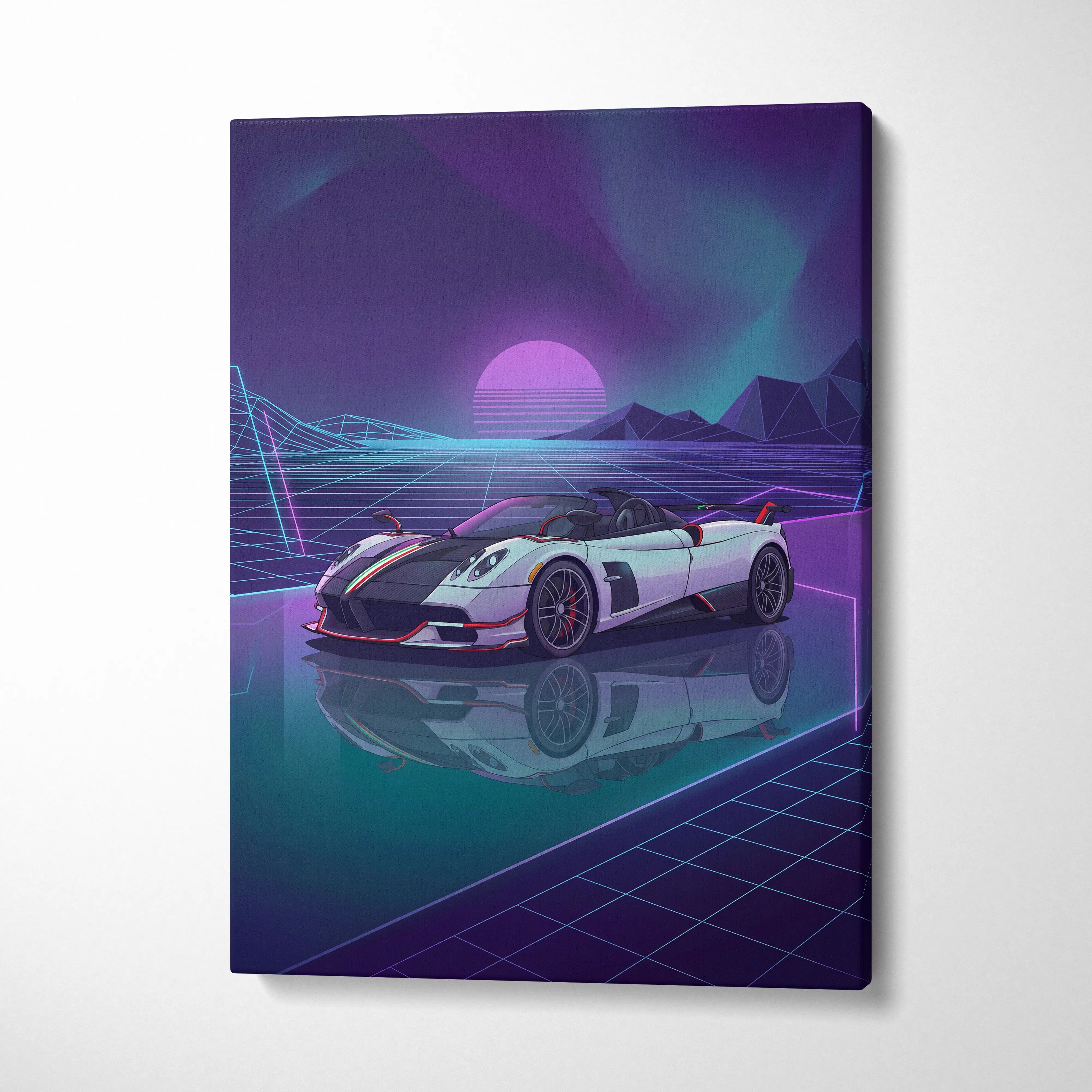 Pagani Zonda Roadster Inspired White Purple Canvas Wall Art Vaporwave Neon Grid Hypercar Artwork, Retro Futuristic Garage Decor
