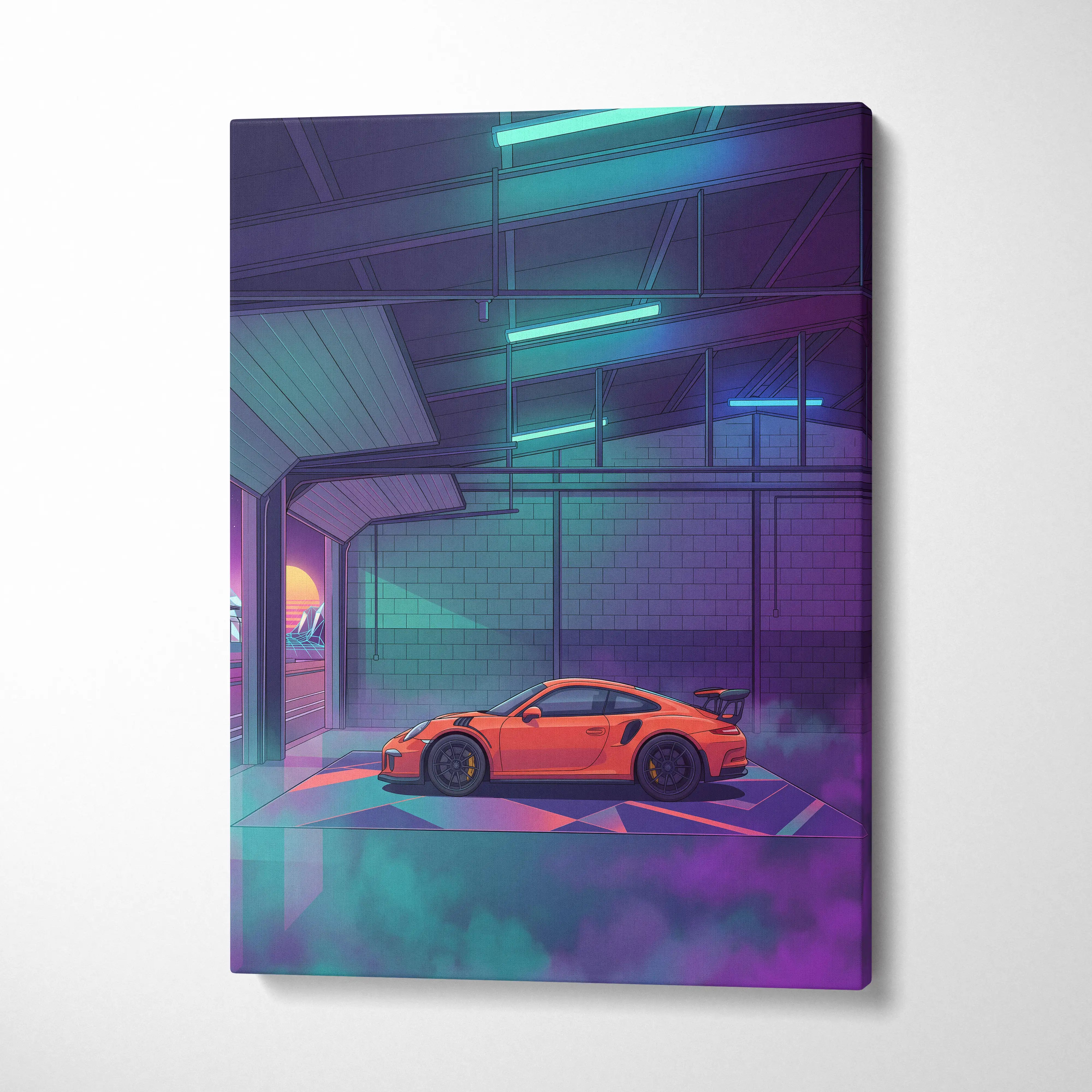 Vibrant orange porsche 911 gt3 rs inspired canvas wall art with neon purple garage cyberpunk sunset decor