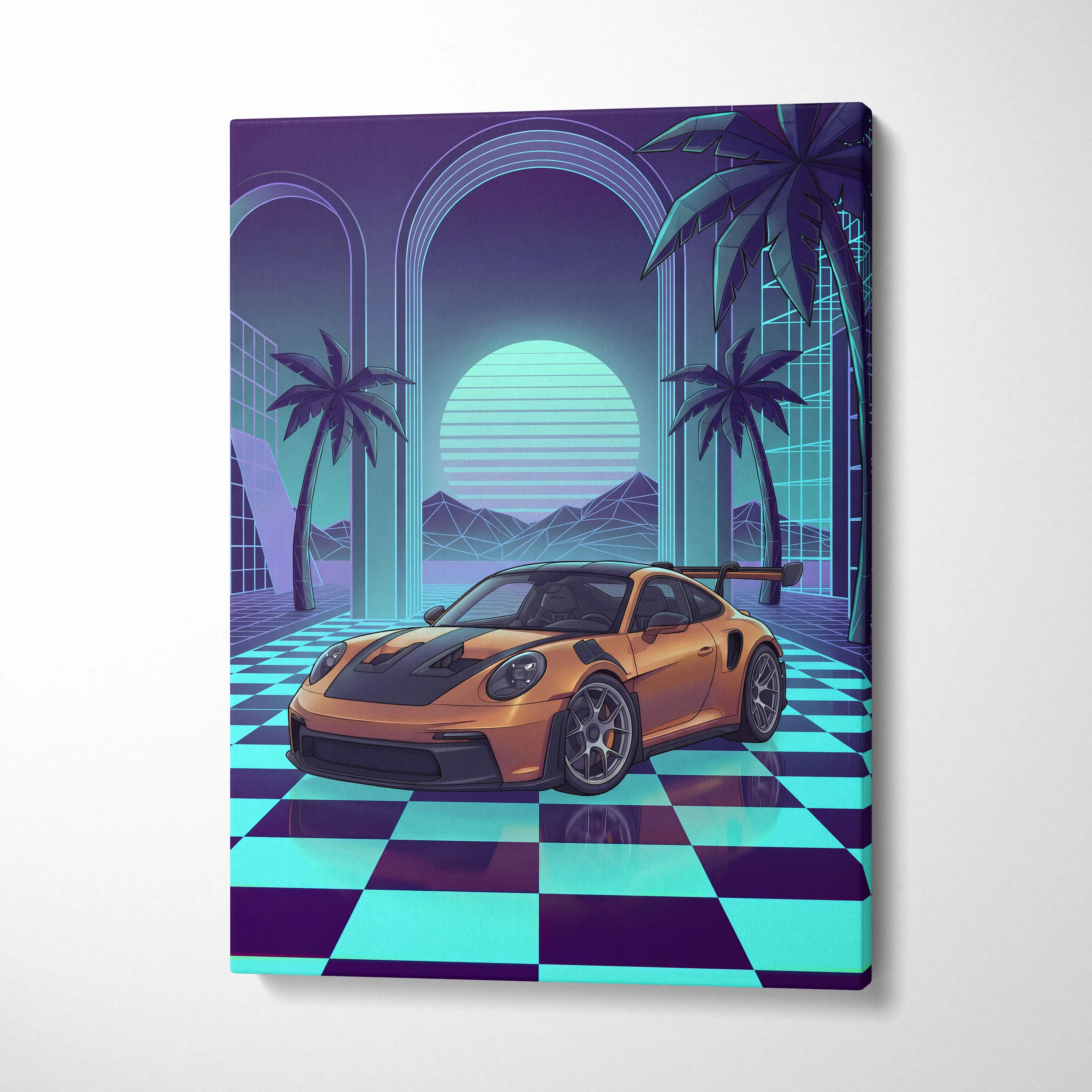 Porsche 911 GT3 RS Inspired Orange Teal Canvas Wall Art Vaporwave Checkerboard Sports Car Artwork, Neon Palm Garage Decor