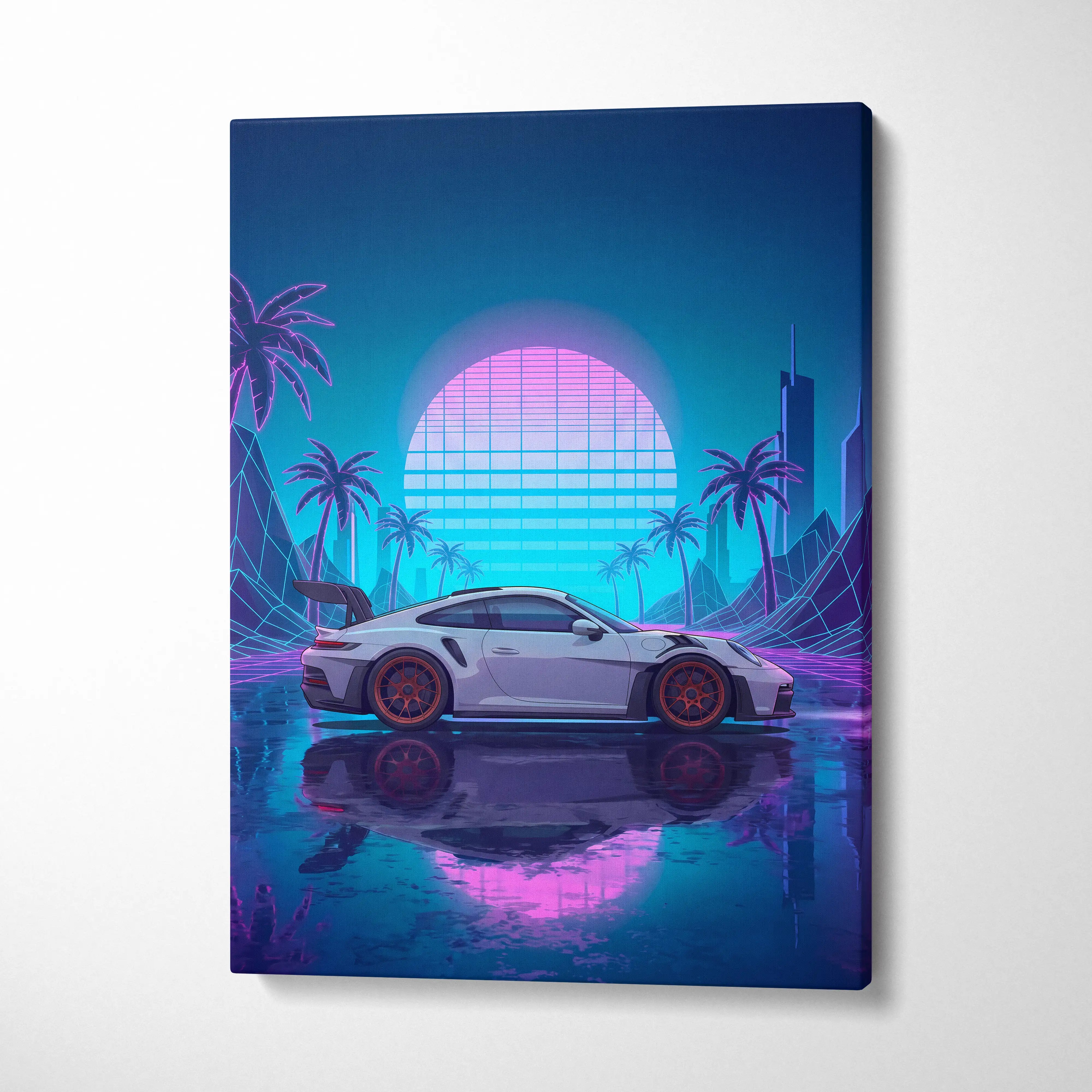 Porsche 911 GT3 RS Inspired White Blue Canvas Wall Art Vaporwave Neon Palm Sports Car Artwork, Cyberpunk Sunset Garage Decor