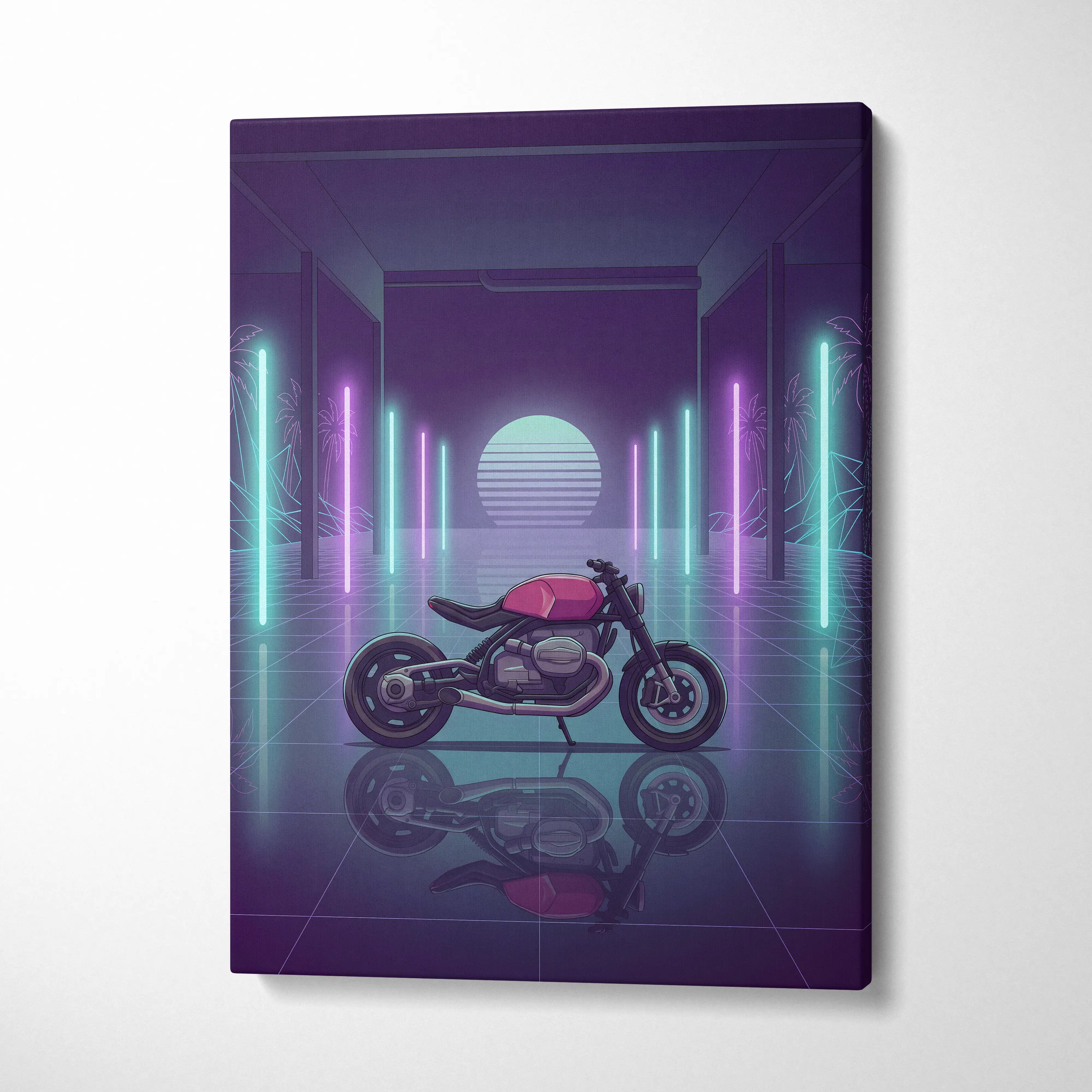 BMW Custom R NineT Inspired Pink Purple Motorcycle Canvas Wall Art Vaporwave Neon Retro Futuristic Garage Decor Modern Café Racer Artwork