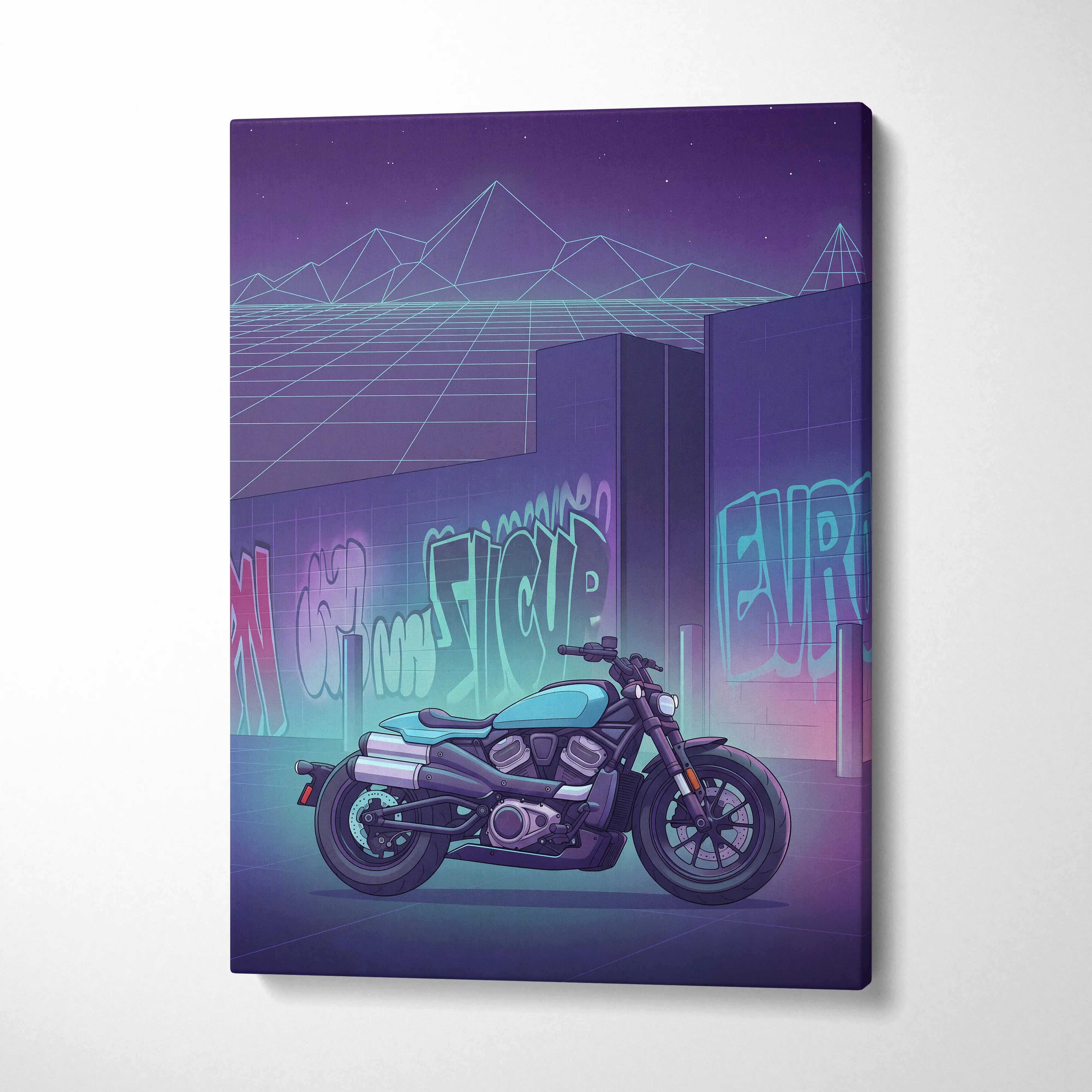 Sportster S Inspired Teal Purple Motorcycle Canvas Wall Art Vaporwave Graffiti Cruiser Artwork for Garage Decor Retro Futuristic Print