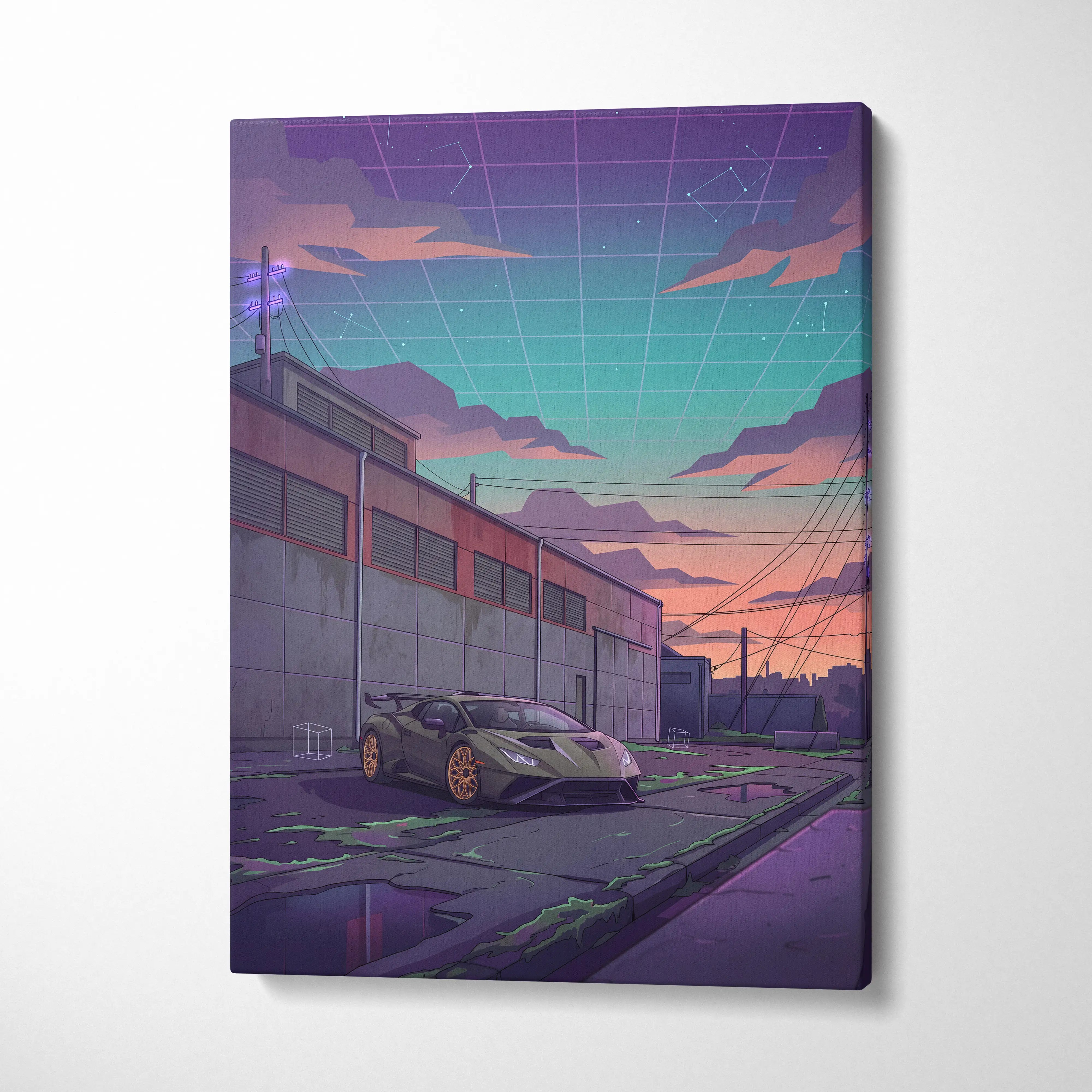 Lamborghini Huracan STO Inspired Car Canvas Art - Car Neon Purple Teal Living Room Vaporwave Canvas Dreamy Mood Retro Futurism Canvas