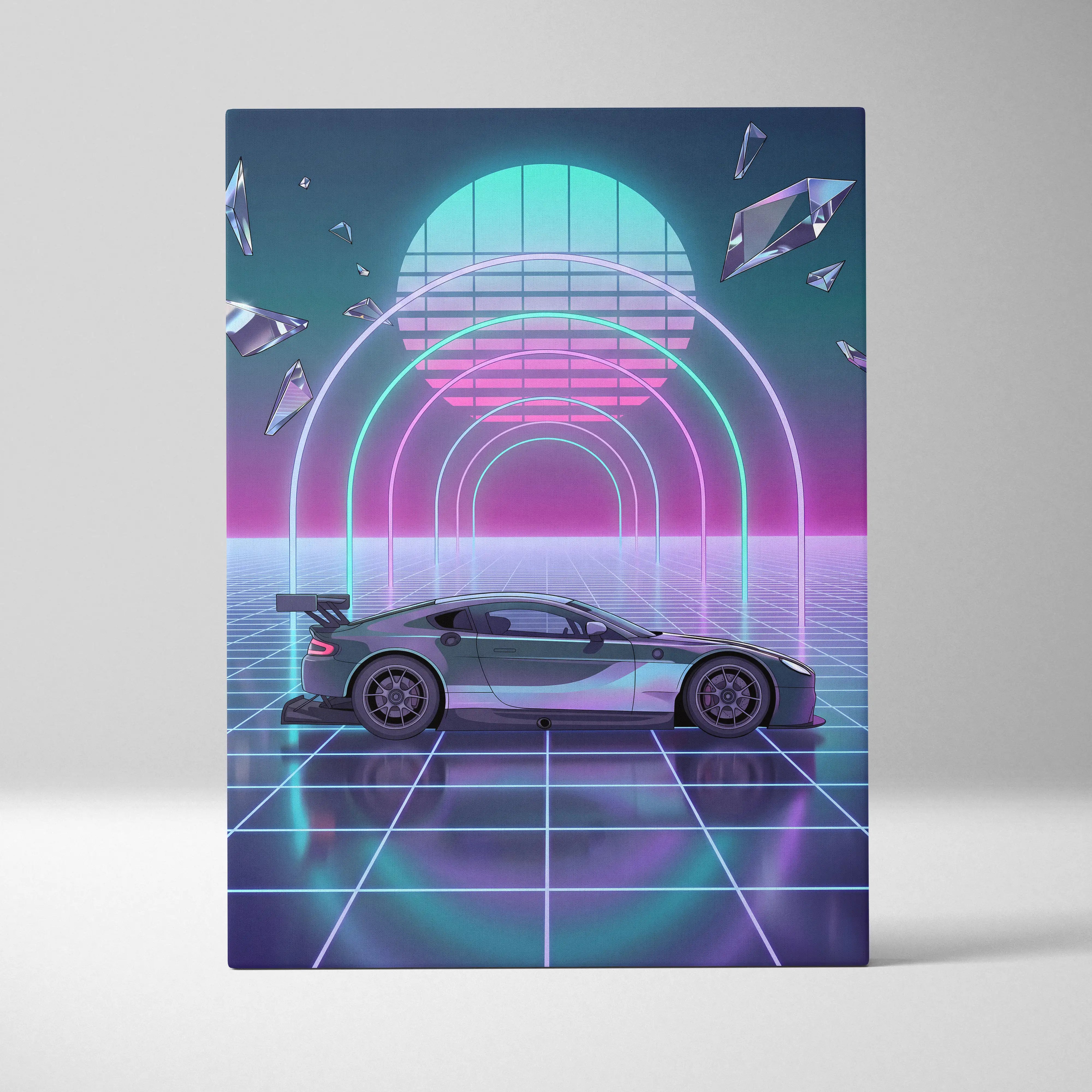 Aston Martin Vantage GT3 Inspired Silver Purple Canvas Wall Art Vaporwave Neon Grid Race Car Artwork, Retro Futuristic Motorsport Garage Decor