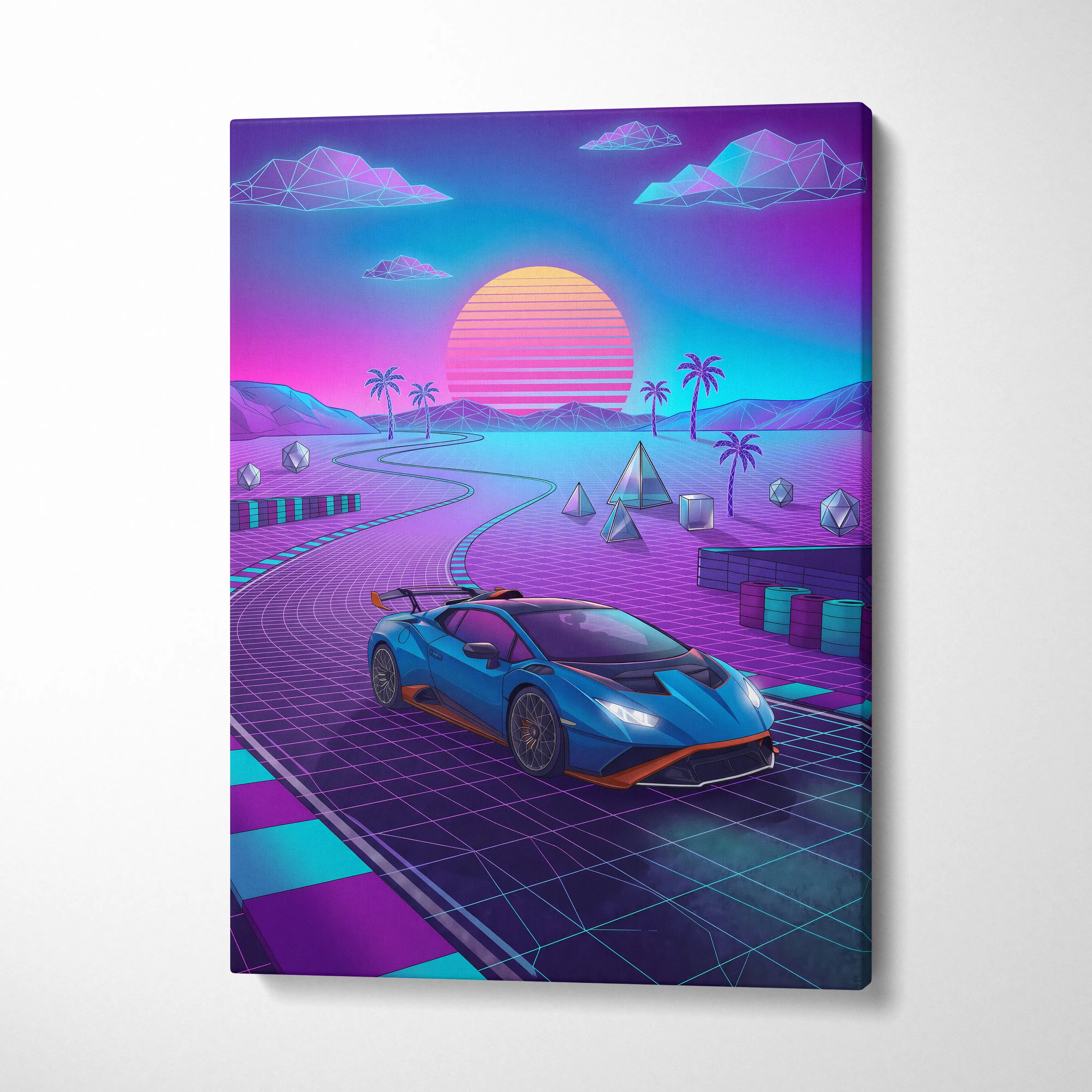 Lamborghini Huracan STO Inspired Blue Purple Canvas Wall Art, Vaporwave Track Car Artwork, Neon Sunset Garage Decor, Retro Futuristic Exotic Print