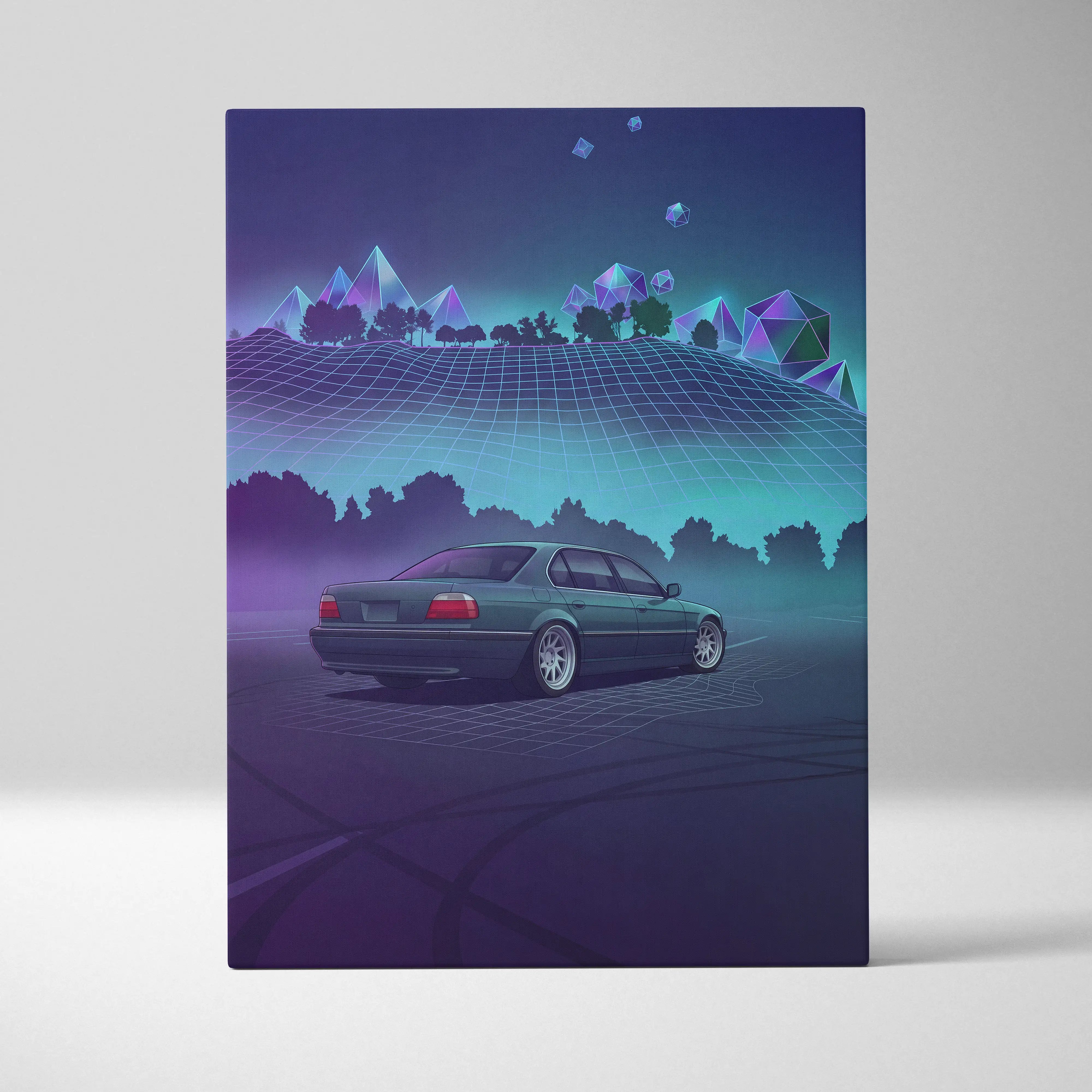 BMW 7 Series E38 Inspired Green Purple Canvas Wall Art Vaporwave Luxury Sedan Artwork Neon Forest Garage Decor Retro Futuristic JDM Print