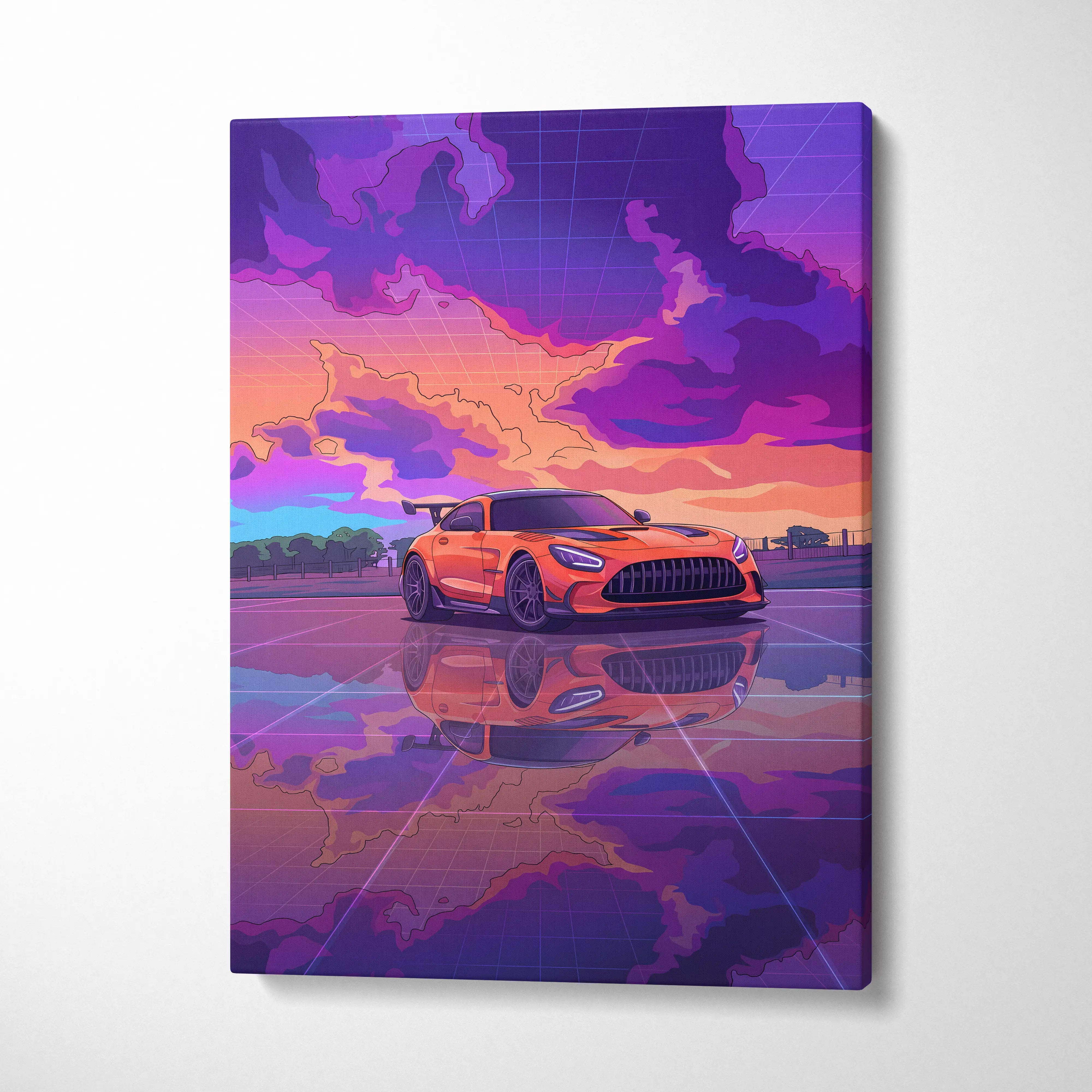 Mercedes-AMG GT Black Series Inspired Orange Purple Canvas Wall Art, Vaporwave Track Car Artwork, Neon Sunset Garage Decor, Retro Futuristic Print
