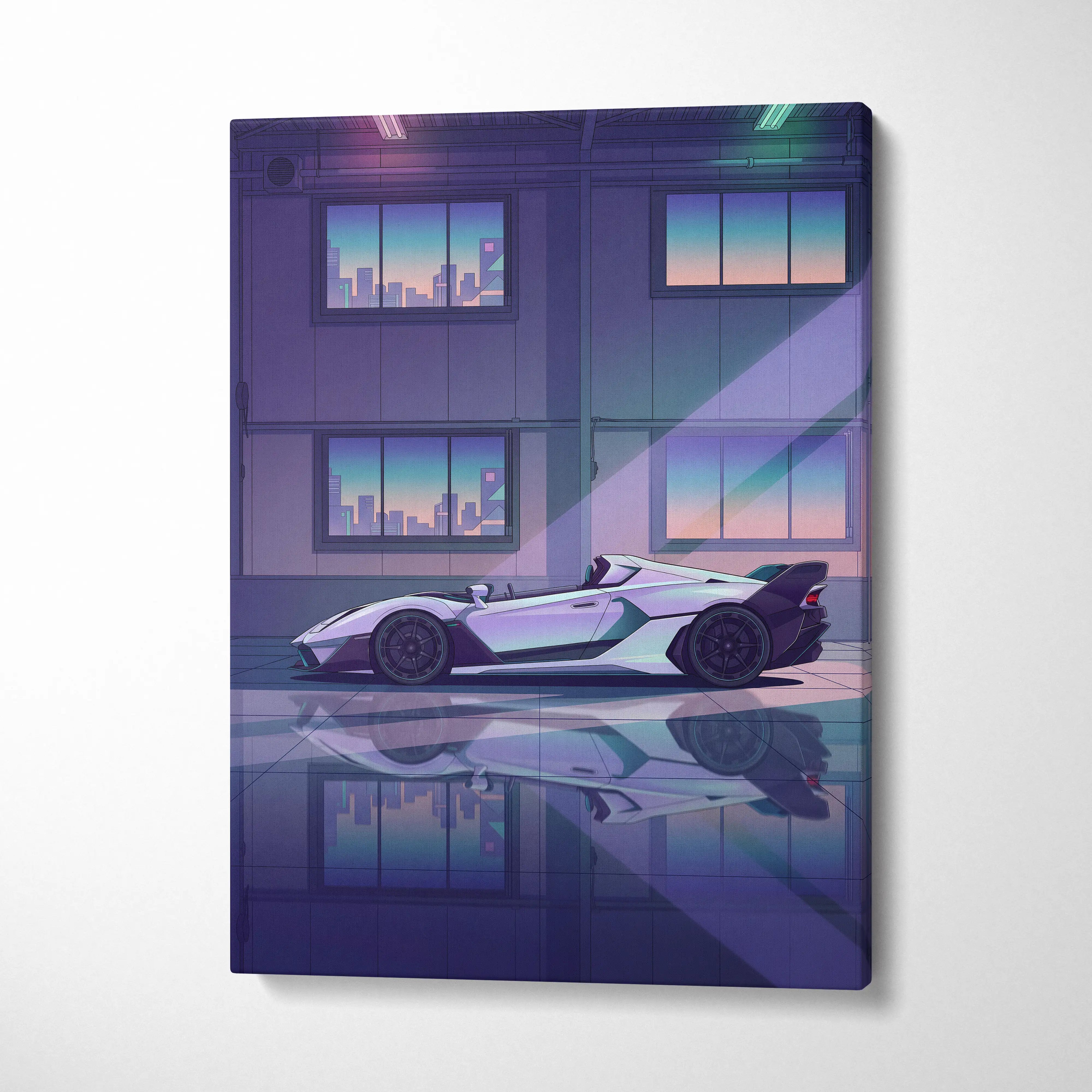 Lamborghini SC20 Inspired Silver Purple Canvas Wall Art, Vaporwave Hypercar Artwork, Neon City Garage Decor, Retro Futuristic Exotic Print