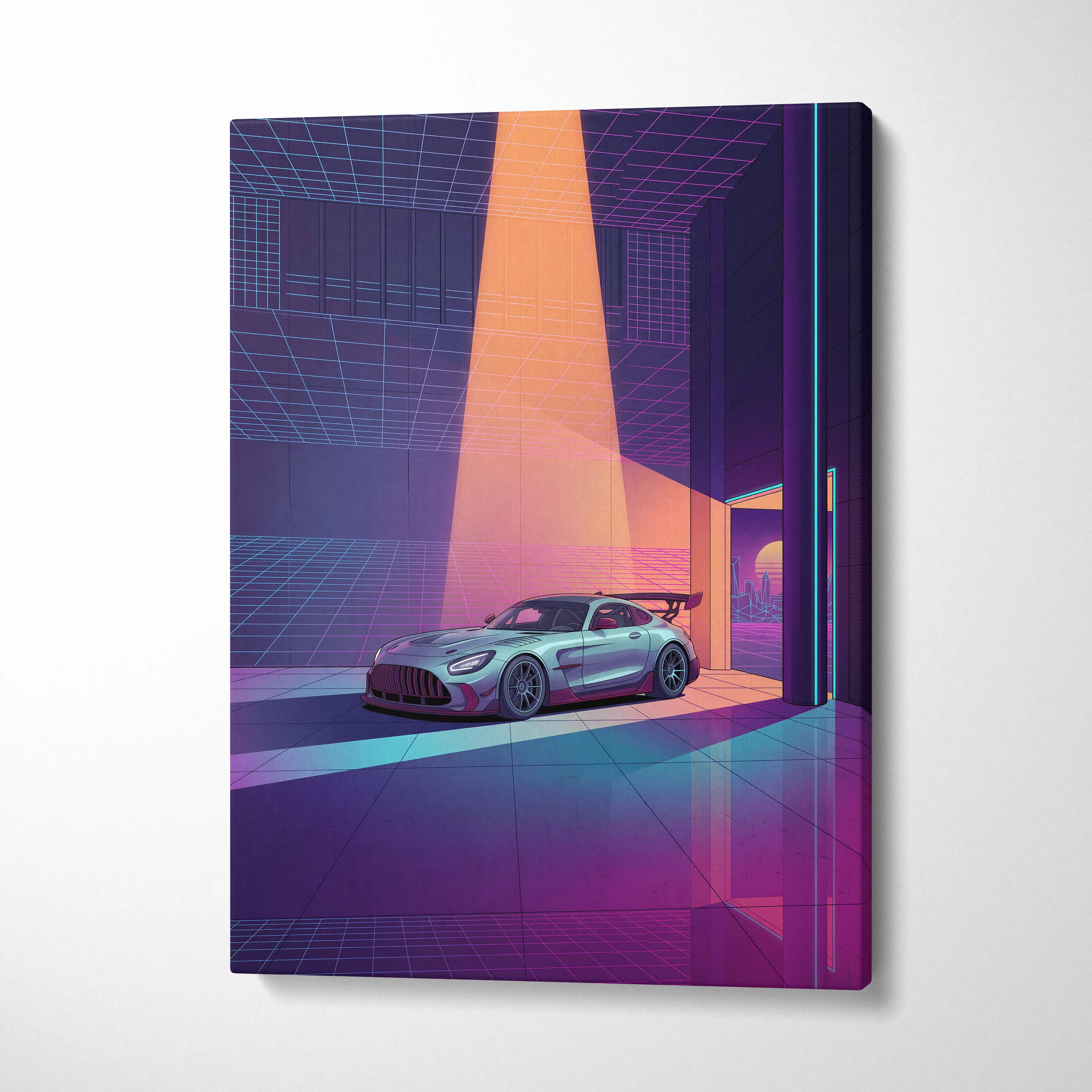 Mercedes-AMG GT Black Series Inspired Silver Purple Canvas Wall Art, Vaporwave Track Car Artwork, Neon Grid Garage Decor, Retro Futuristic Motorsport Print