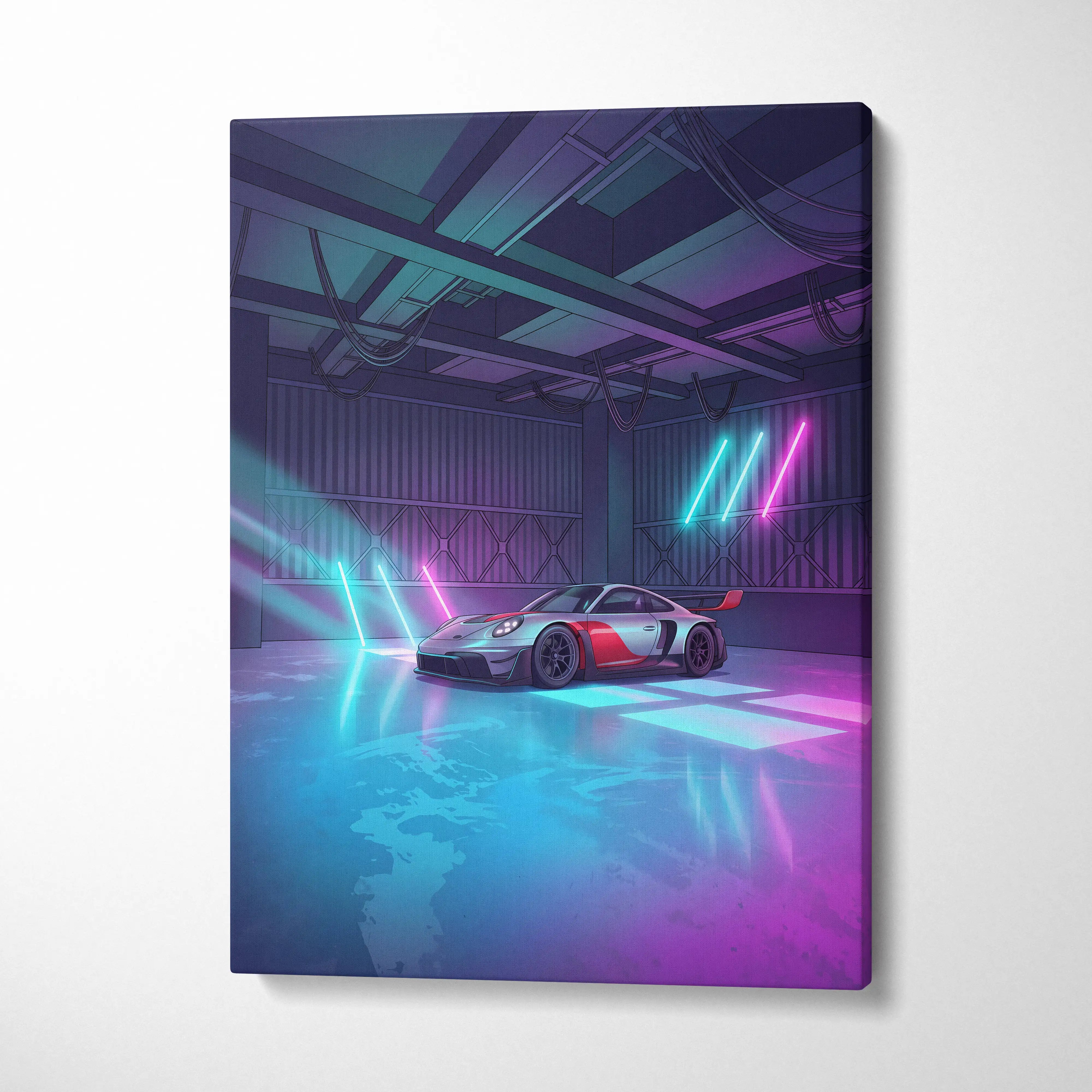 Neon-lit canvas print featuring a silver and red porsche 911 gt3 rs in a futuristic cyberpunk garage setting