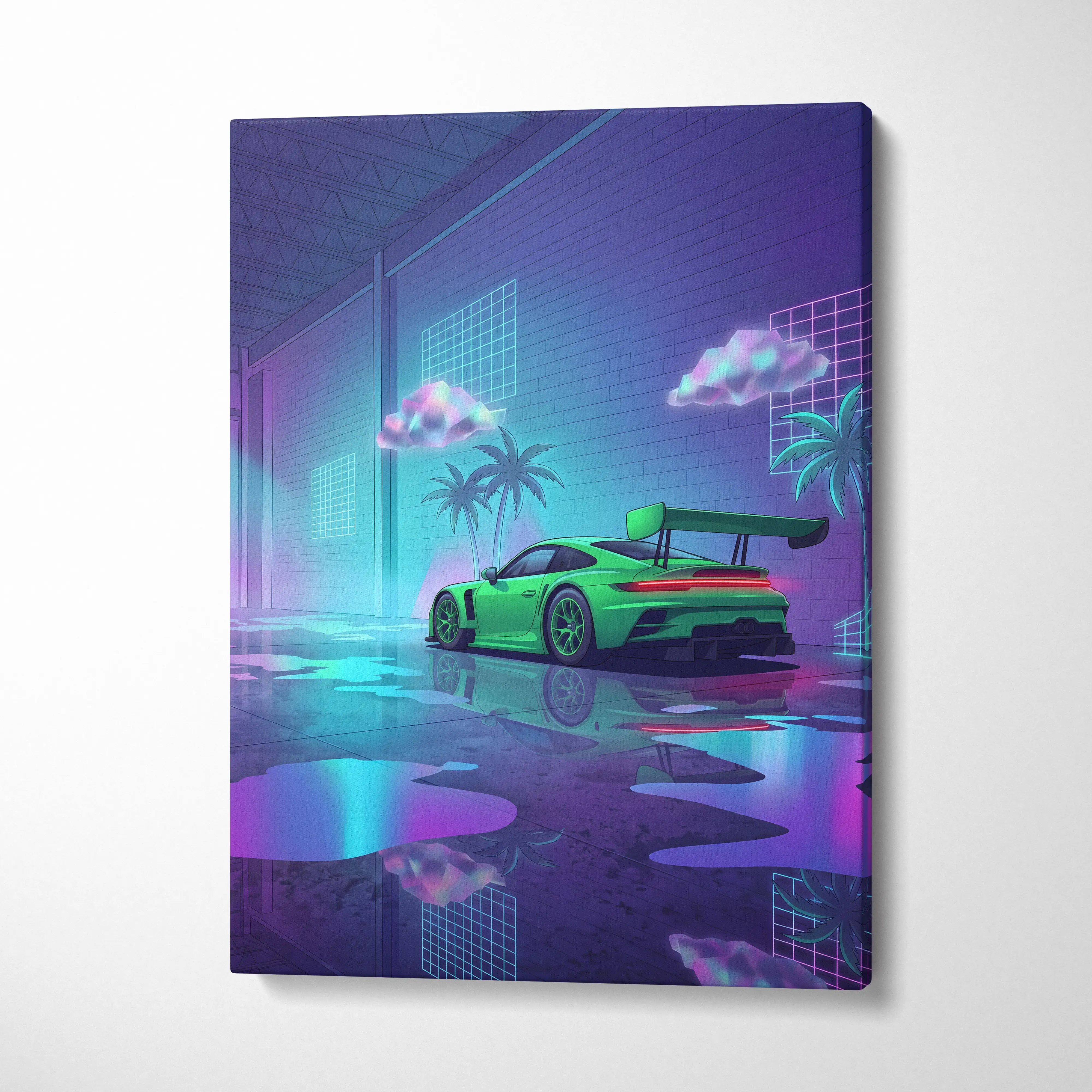 Vibrant neon green porsche 911 gt3 rs inspired sports car canvas wall art in a cyberpunk garage scene