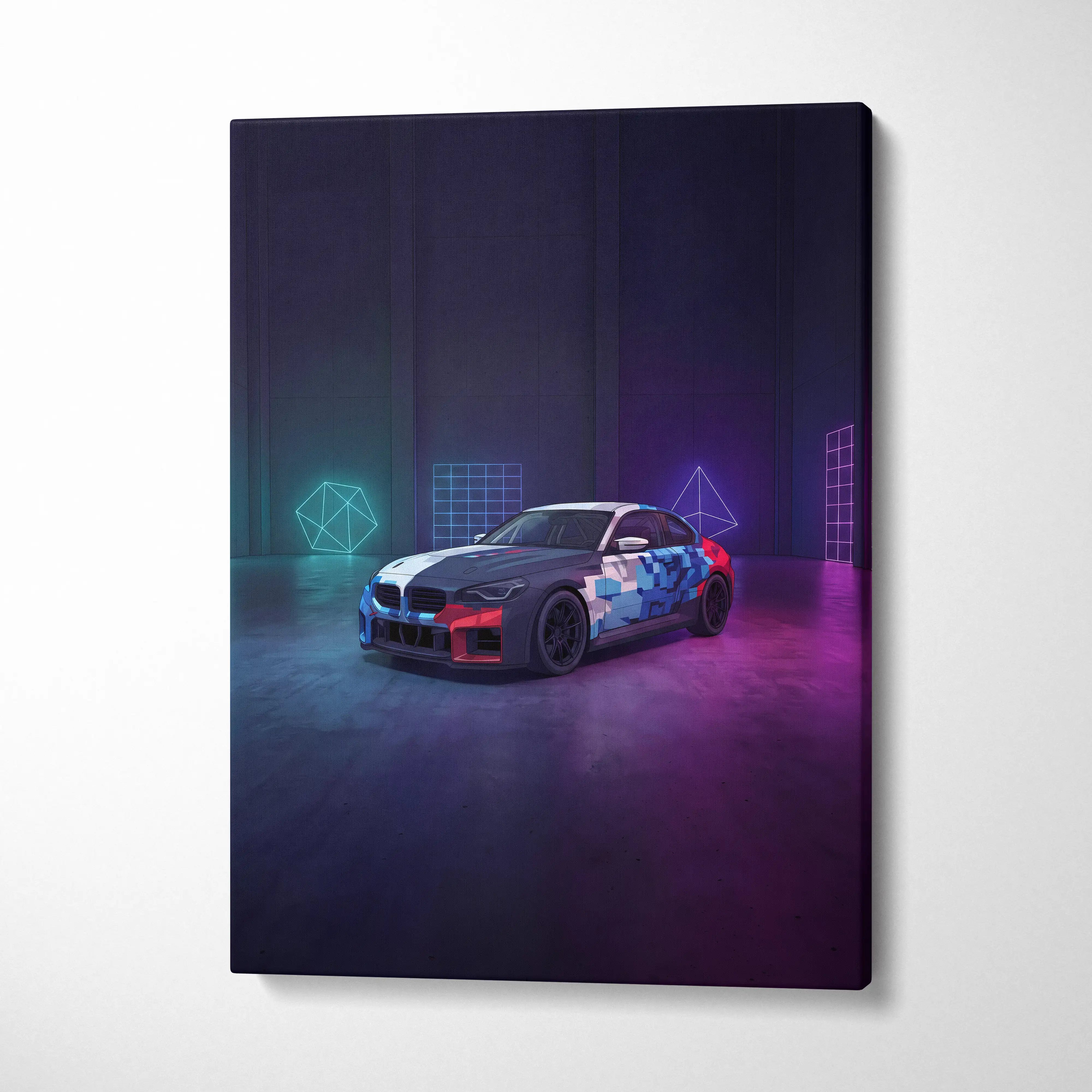 BMW M4 GT3 Inspired Vaporwave Car Canvas - Vaporwave Car Neon Colors Living Room Retro Futurism Nostalgic Mood Neon Wall Decor Canvas