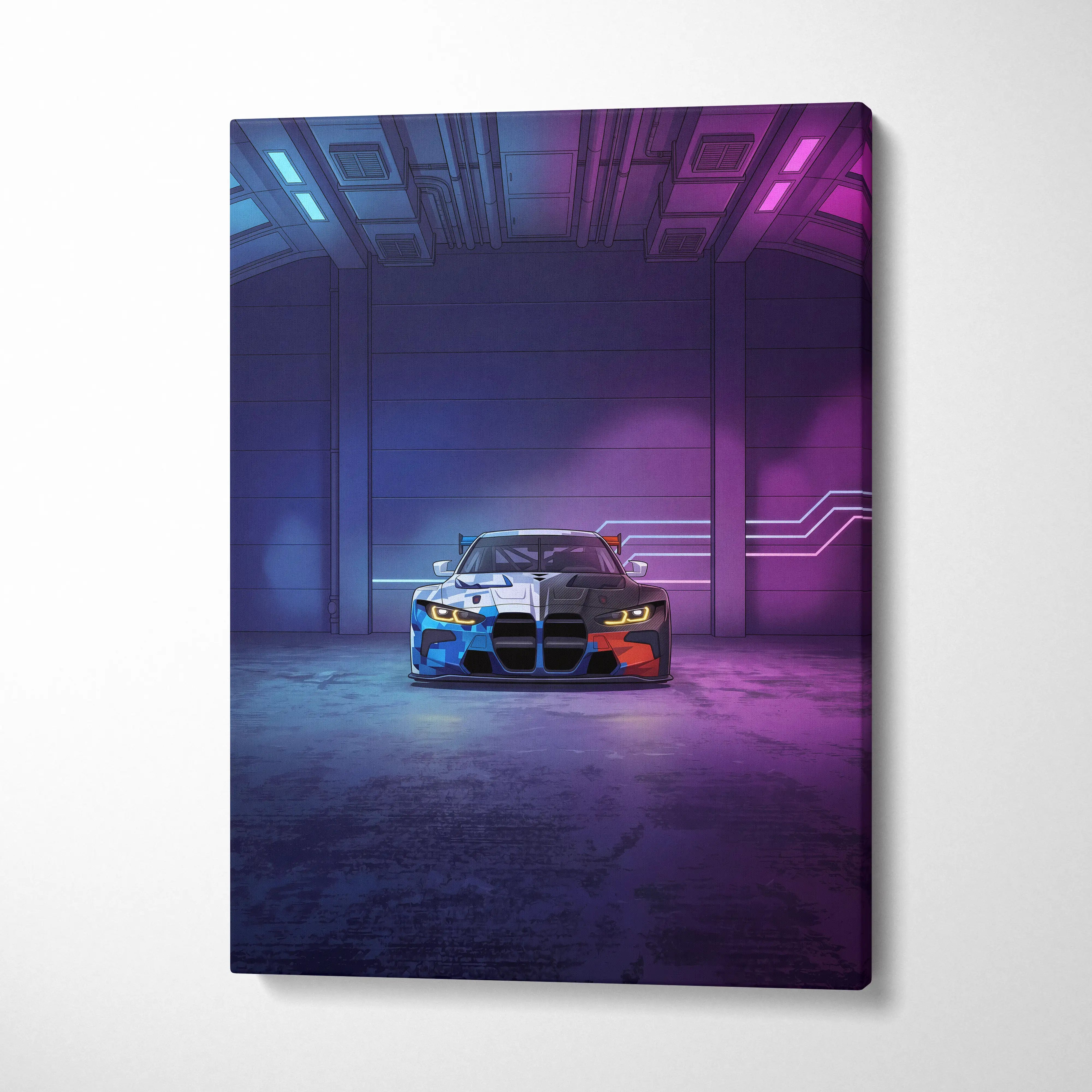 BMW M4 GT3 Inspired Vaporwave Car Canvas - Car Art Neon Blue Gradient Vaporwave Nostalgic Mood Retro Futurism Neon Car Wall Art Canvas