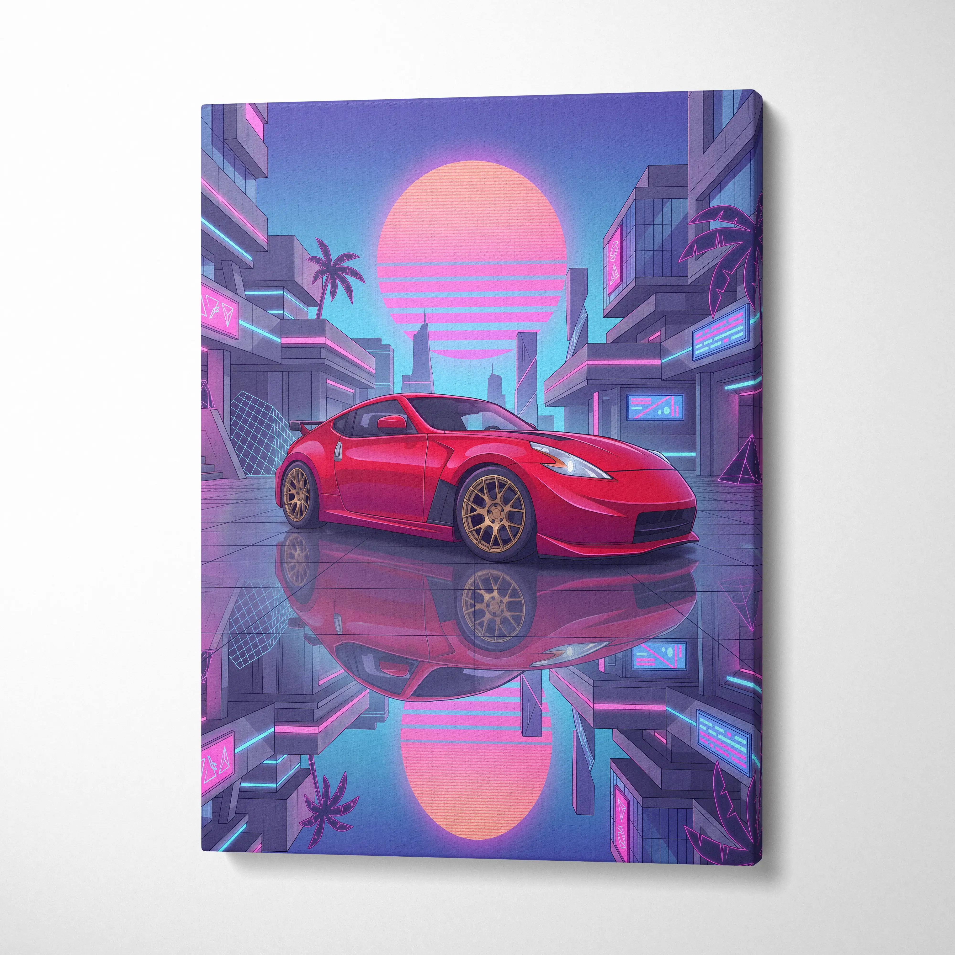 Nissan 370z Neon Sunset City Drive - Vaporwave Car Neon Pink Wall Art Nostalgic Mood Canvas Print