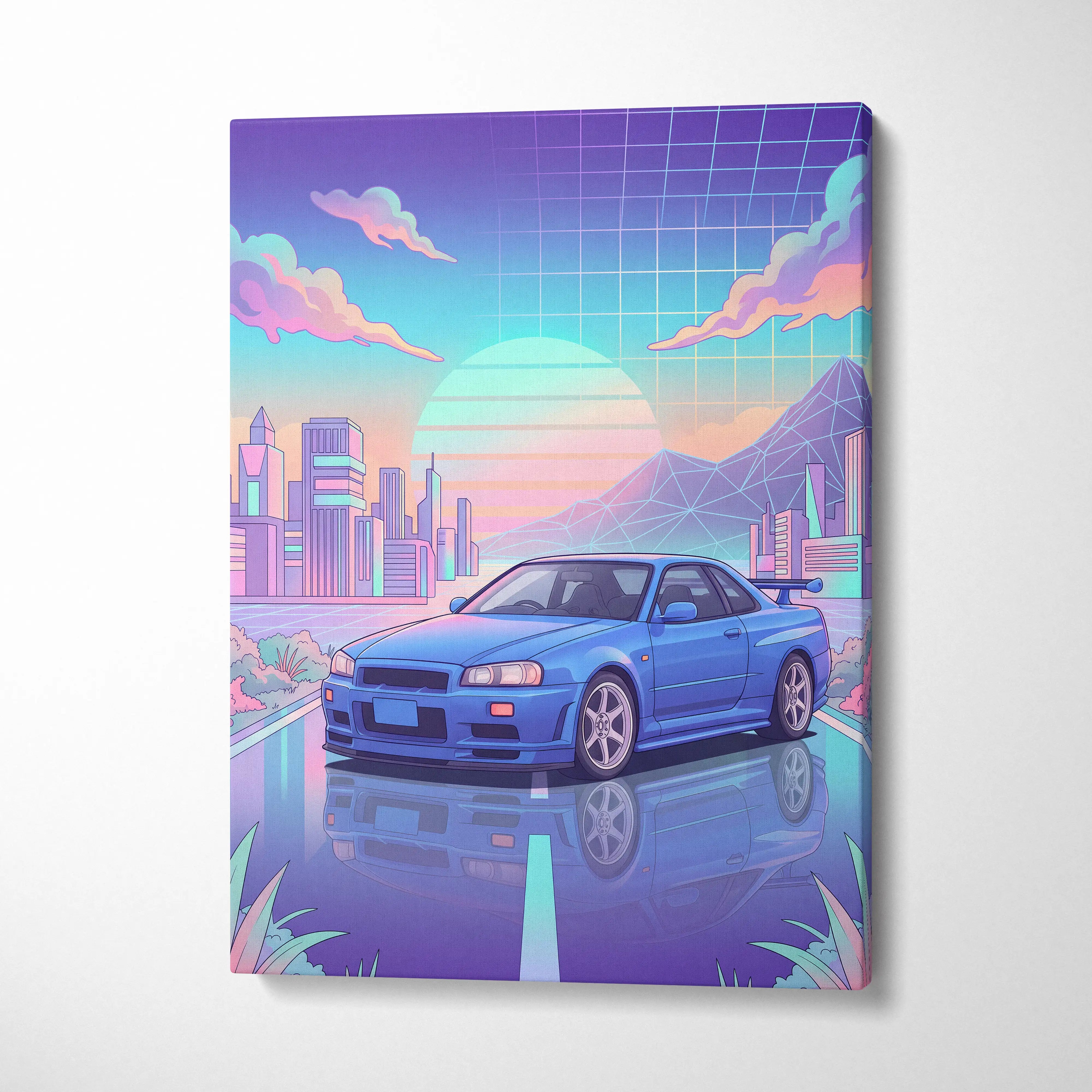 Nissan Skyline GT-R R34 Inspired Vaporwave Neon City Canvas - Car Art Neon Pink Blue Room Retro Futurism Vaporwave Canvas
