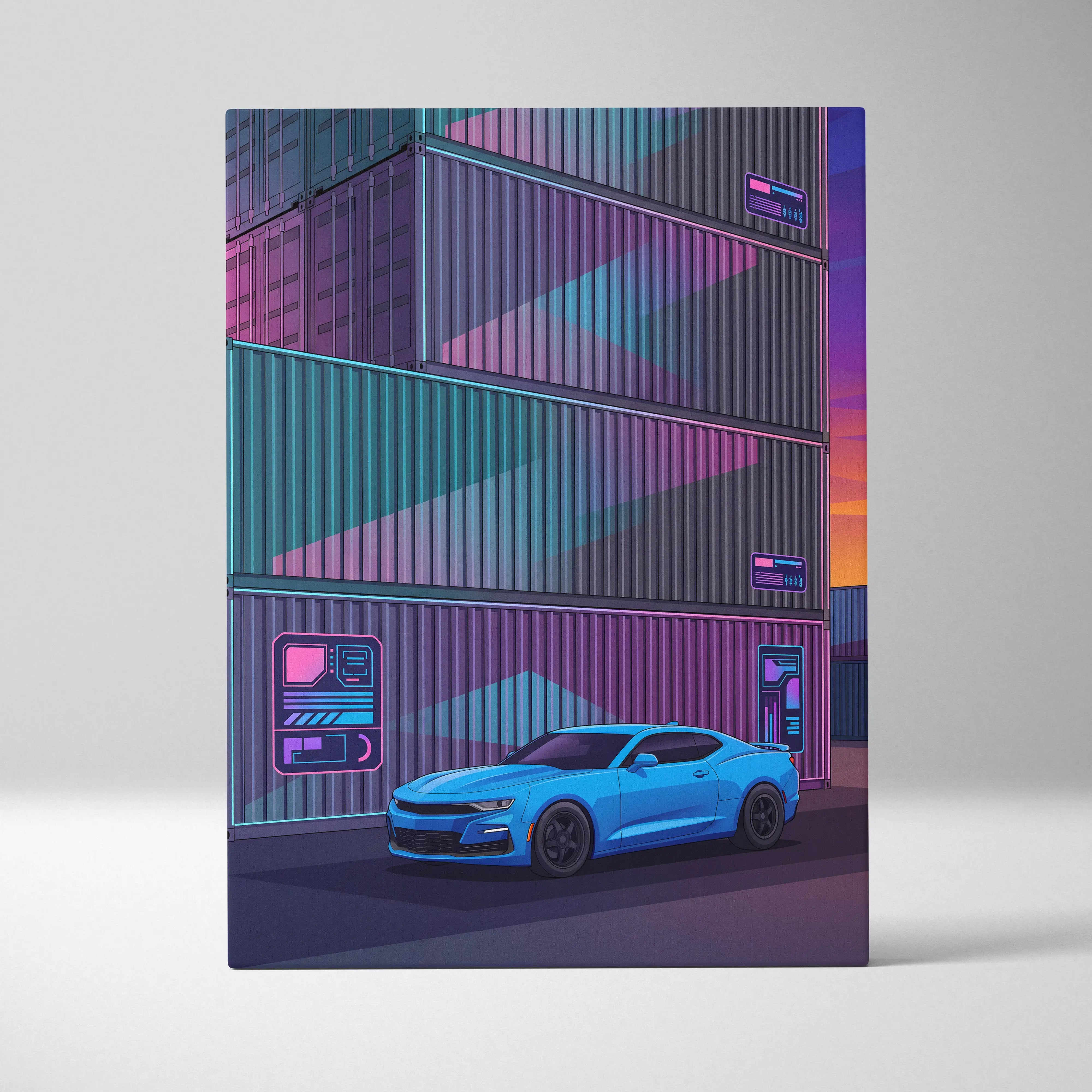 Chevrolet Camaro Inspired Vaporwave Car Canvas - Car Artwork Neon Pink Purple Teal Vaporwave Mood Neon Nostalgia Decor Style Gallery Canvas