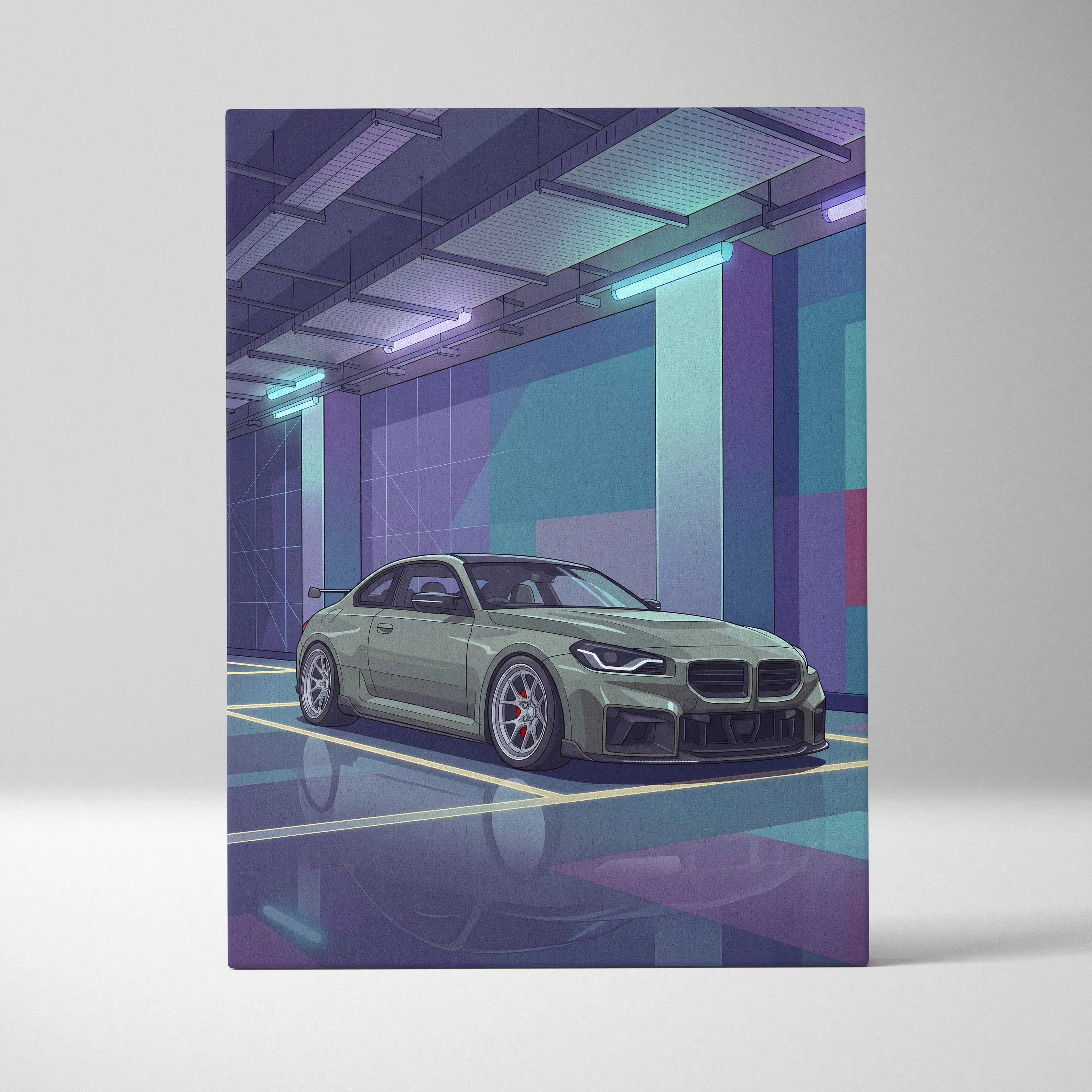 BMW M2 Inspired Vaporwave Car Canvas - Car Artwork Purple Teal Vaporwave Living Room Nostalgic Glow Retro Futurism Wall Art Canvas