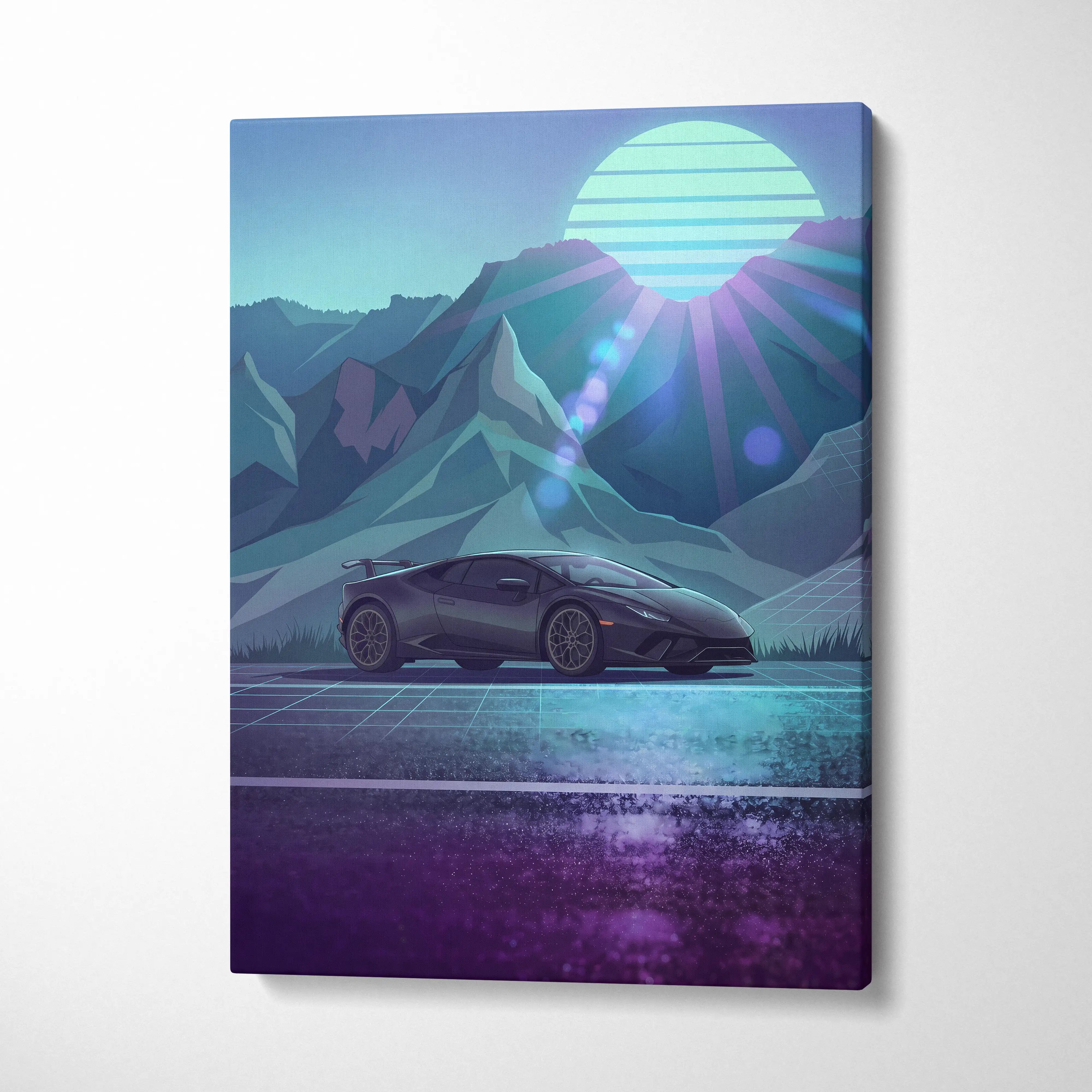 Lamborghini Huracan Inspired Black Teal Canvas Wall Art, Mountain Vaporwave Supercar Artwork for Modern Garage Decor