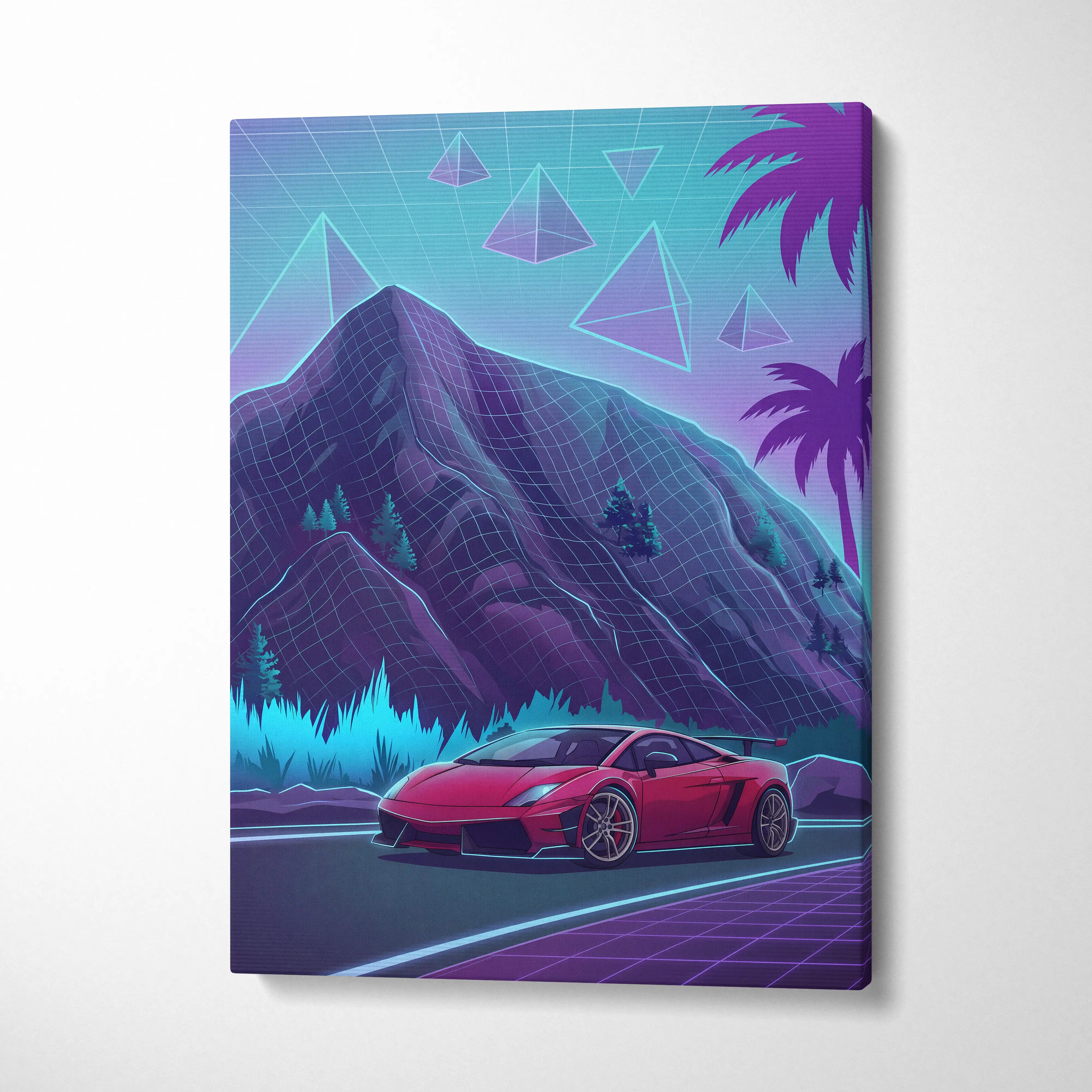 Lamborghini Gallardo Inspired Red Purple Canvas Wall Art, Neon Vaporwave Supercar Artwork for Mountain Road Garage Decor