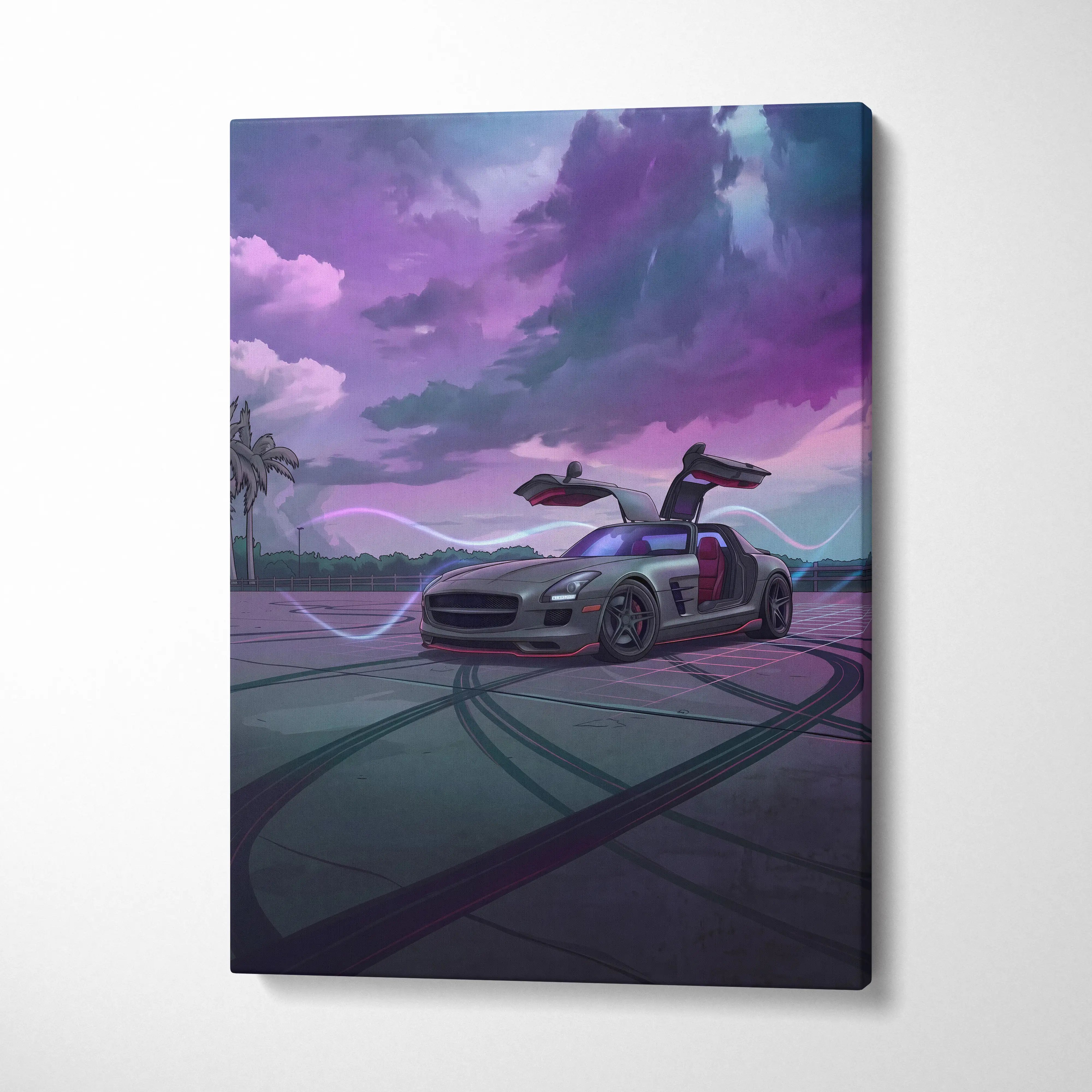 Mercedes SLS AMG Inspired Silver Purple Canvas Wall Art, Moody Vaporwave Supercar Artwork for Modern Garage Decor