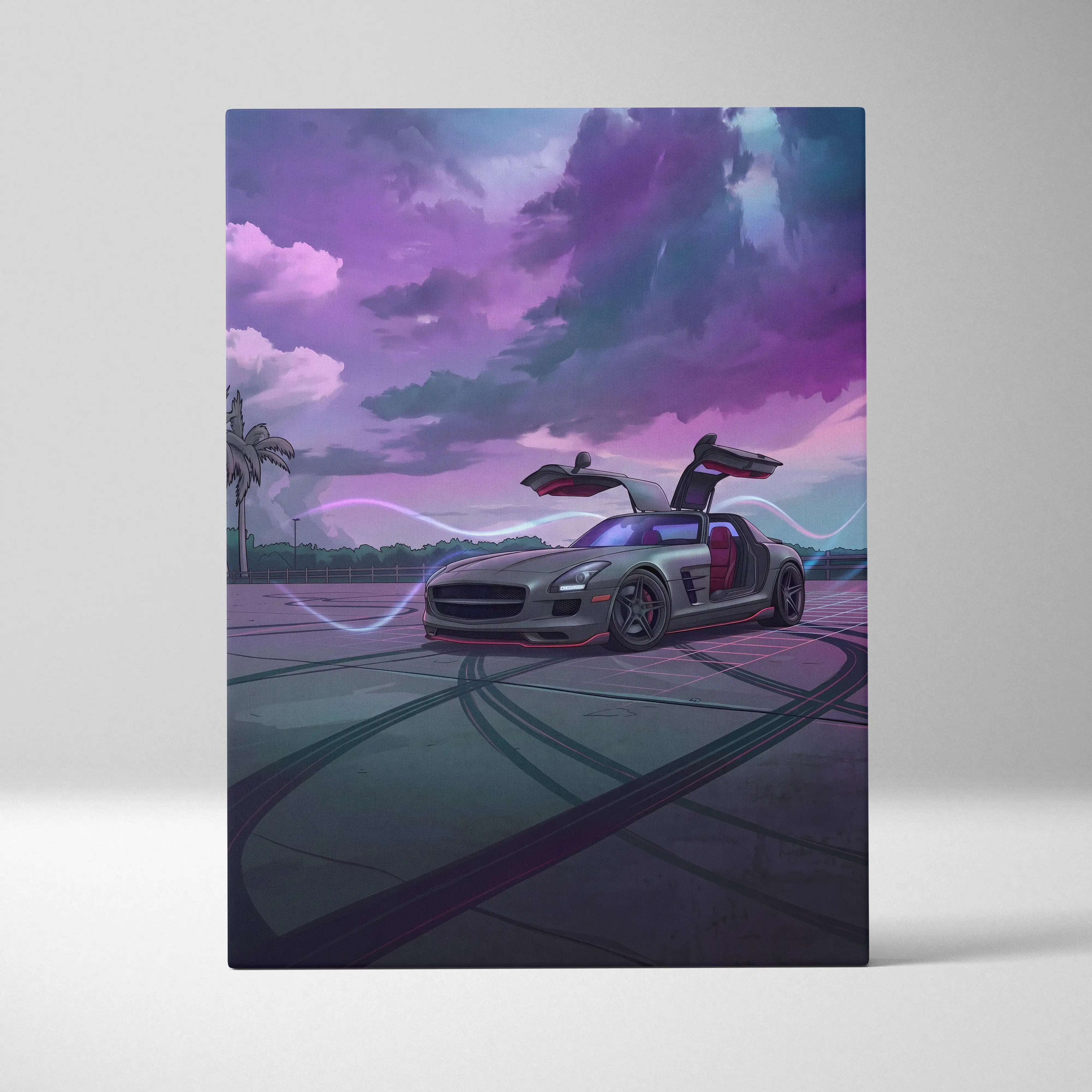 Mercedes SLS AMG Inspired Silver Purple Canvas Wall Art, Moody Vaporwave Supercar Artwork for Modern Garage Decor