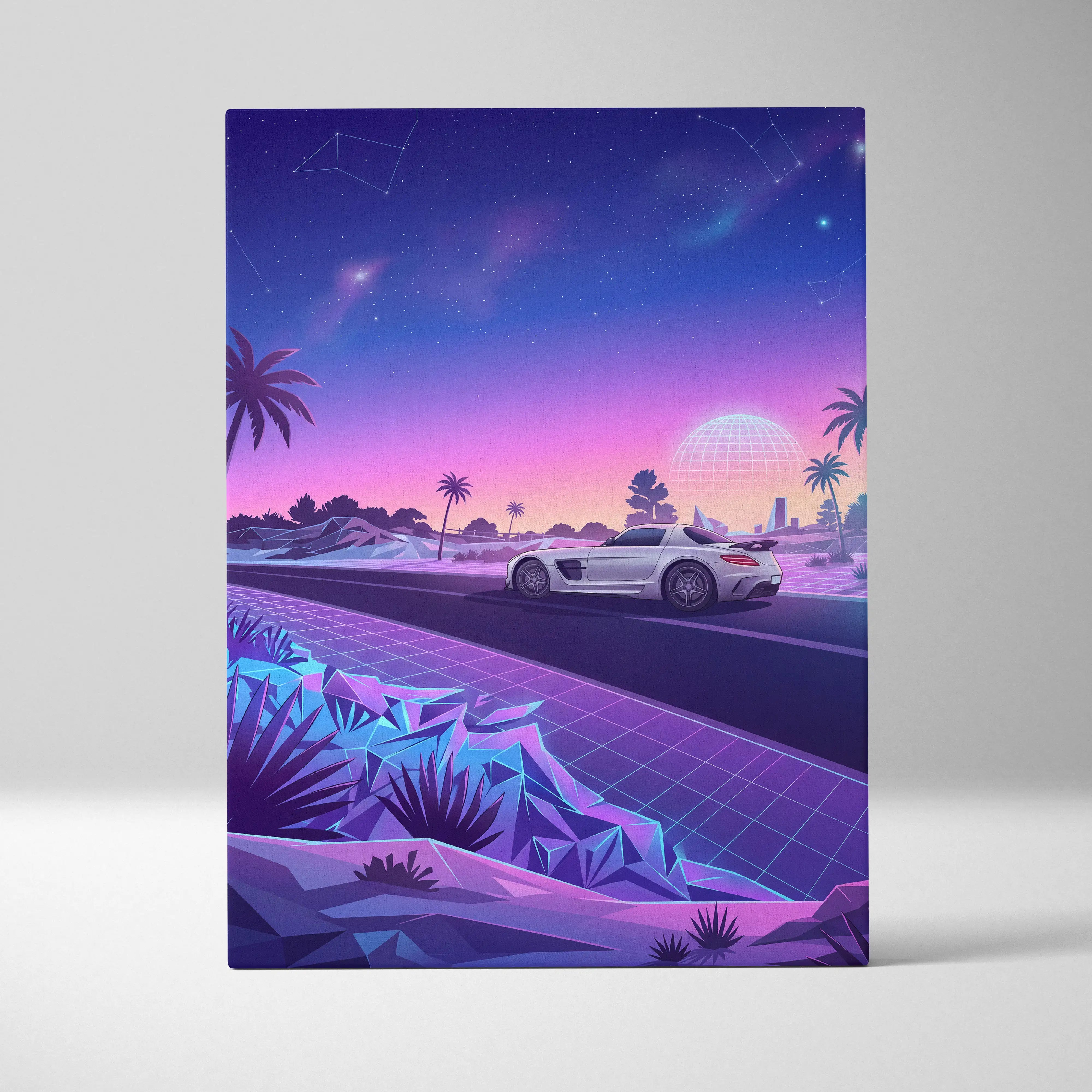Mercedes SLS AMG Inspired White Purple Canvas Wall Art, Sunset Vaporwave Supercar Artwork for Futuristic Desert Garage Decor