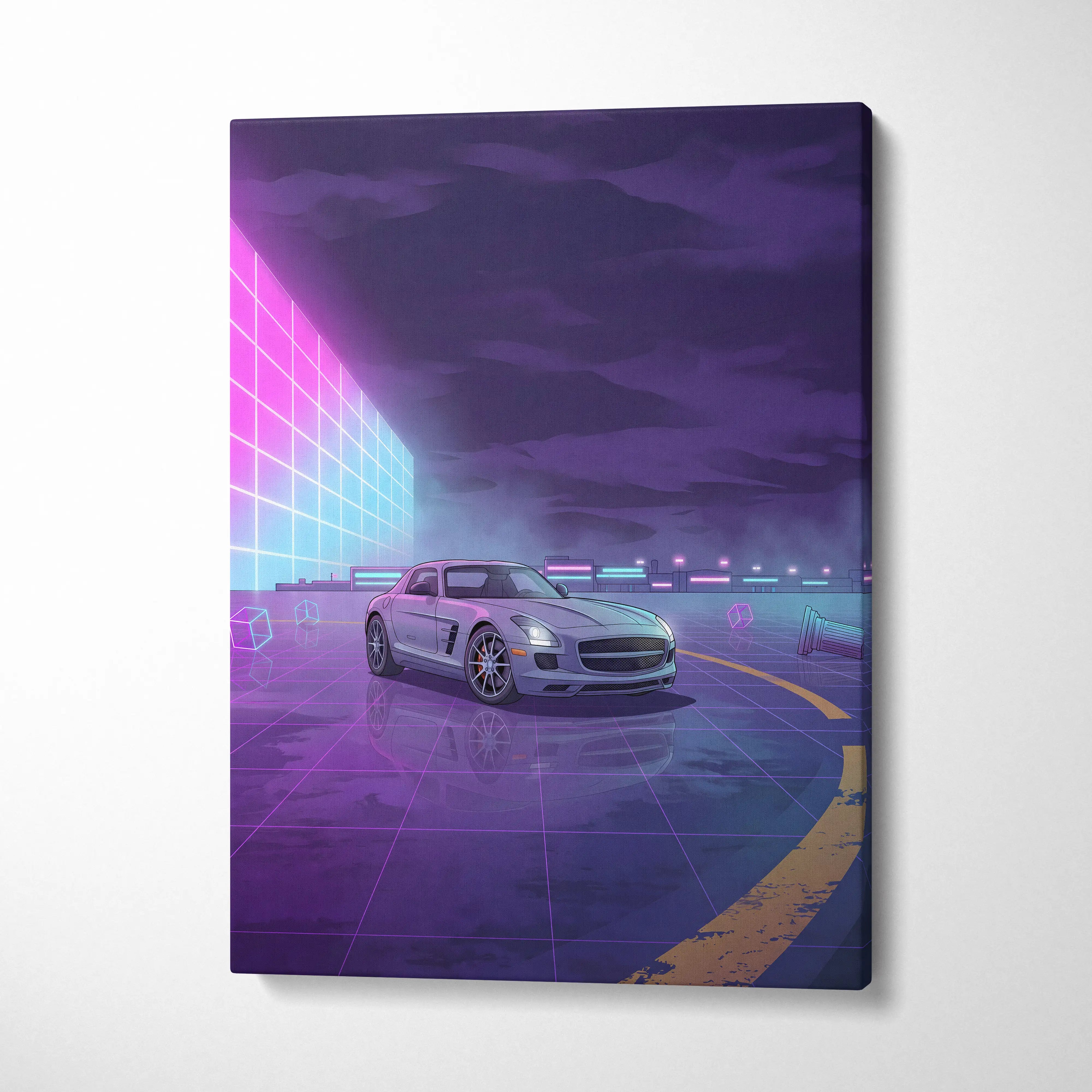 Mercedes SLS AMG Inspired Silver Purple Canvas Wall Art, Neon Vaporwave Supercar Artwork for Modern Garage Decor