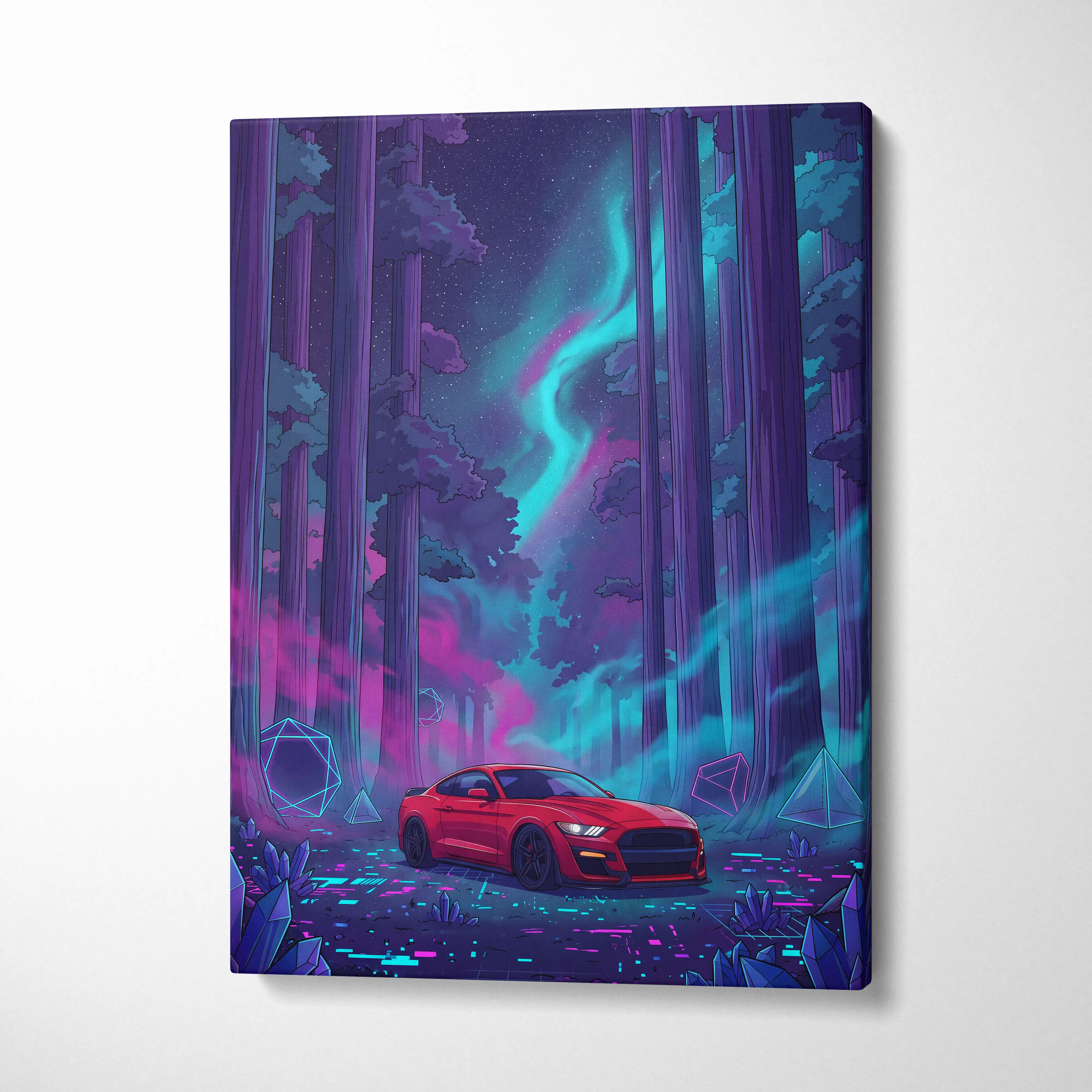 Ford Mustang Shelby GT500 Inspired Red Teal Canvas Wall Art Vaporwave Muscle Car Artwork Neon Forest Garage Decor Futuristic Night Print